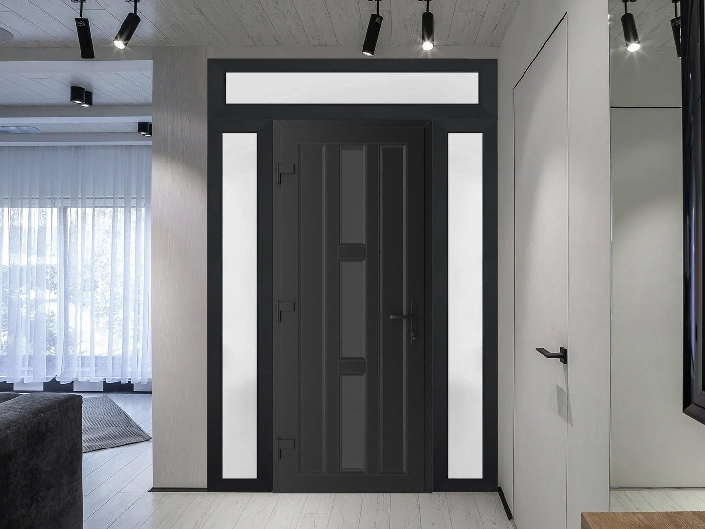 VDOMDOORS Front Exterior Prehung Metal-Plastic Door Frosted Glass | Manux 8112 Matte Black | 2 Side, Top Sidelite Transom | Doors Entrance Patio Garage 68 x 94 (W16+36+16 x H80+14) Right-Inswing