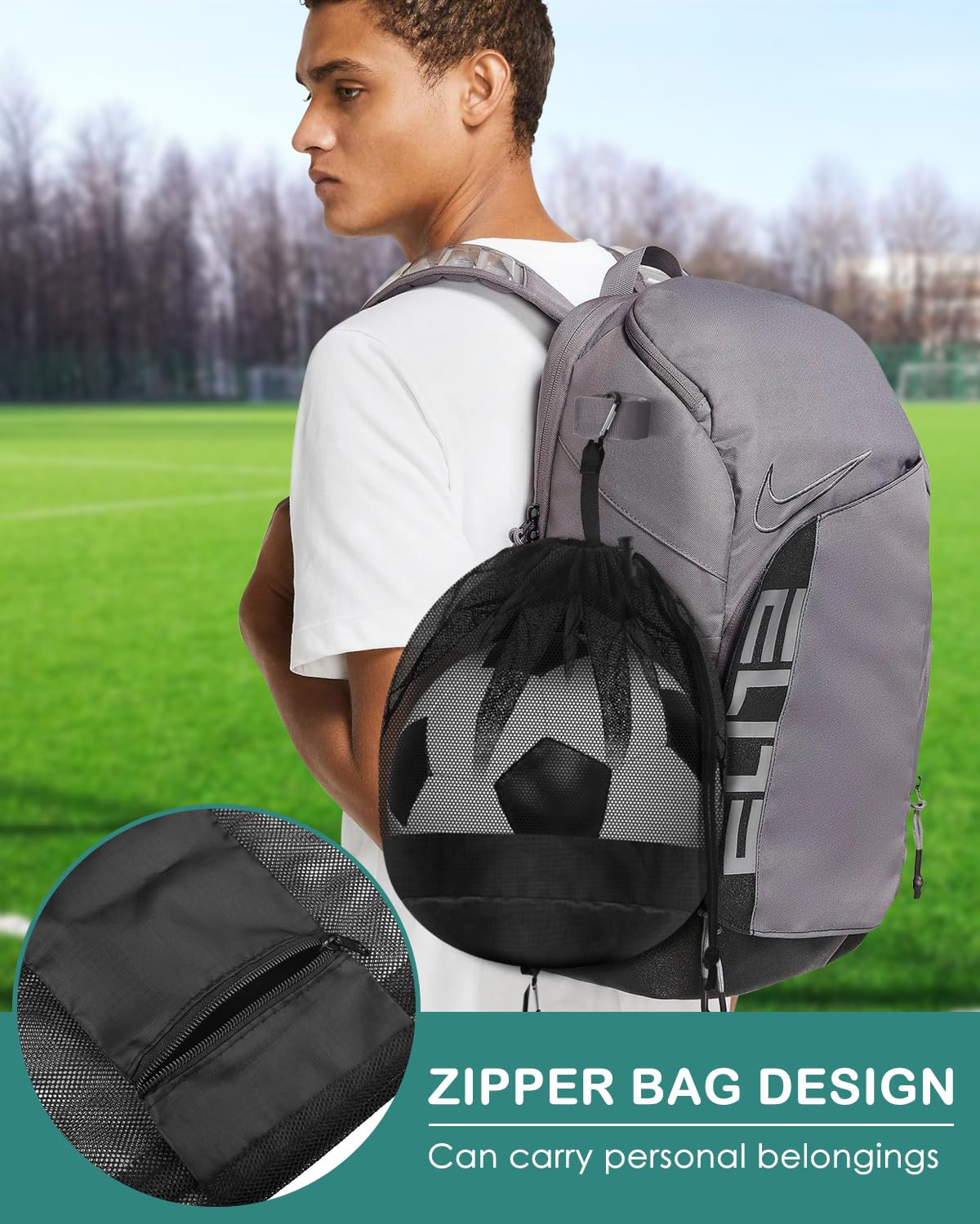 BROTOU Single Ball Bag with Double Hook, Balls Storage Bags with Zipper Pocket, Drawstring Sling Backpack for Soccer Basketball Football Volleyball Rugby (1)