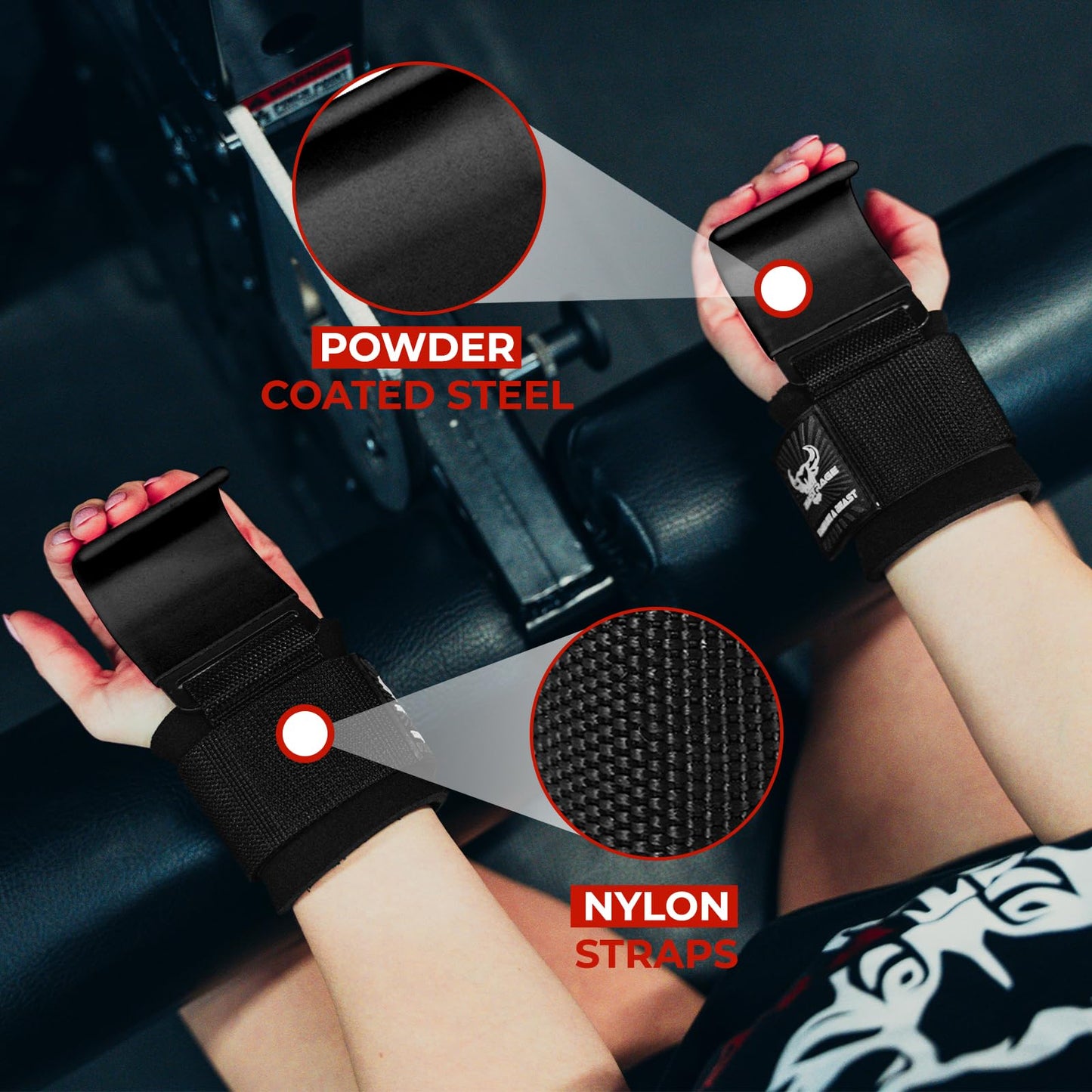 BEAST RAGE Workout Hooks for Men, Durable Coated Grip Gym Straps for Weightlifting Wrist Wraps Training Weight Lifting Strength Fitness Bodybuilding Anti Slip Women Hook Exercise (Black)