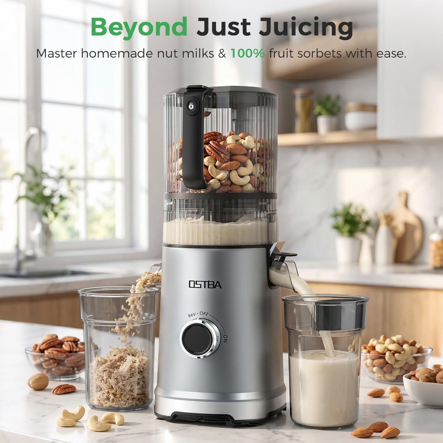 3-in-1 Cold Press Juicer, OSTBA 600W Slow Masticating Juicer with 6" Extra Large Feed Chute for Whole Fruits & Vegetables, Juicer, Nut Milk Maker & Sorbet Machine, Easy to Clean