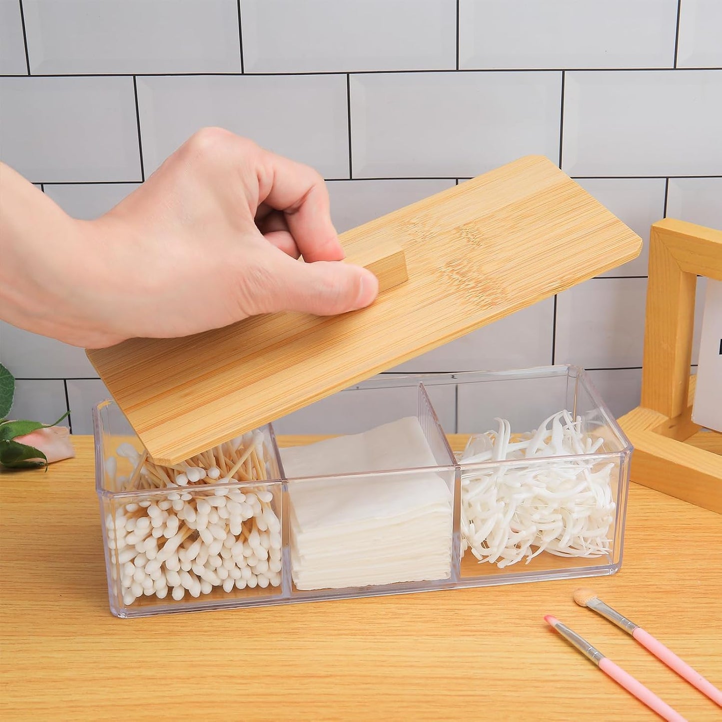 Wood Qtip Holder - 3 Compartment Cotton Ball & Swab Organizer with Lid | Clear Acrylic Makeup Storage