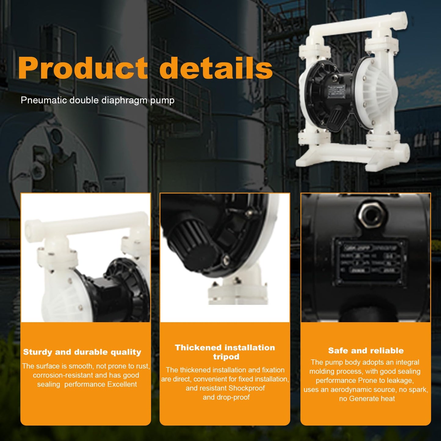 Cozyel Pneumatic double diaphragm pump, 1-1/2 inch inlet & outlet DN40, polypropylene body, 35GPM and Max 120pSI, chemical pump bleaching oil transfer