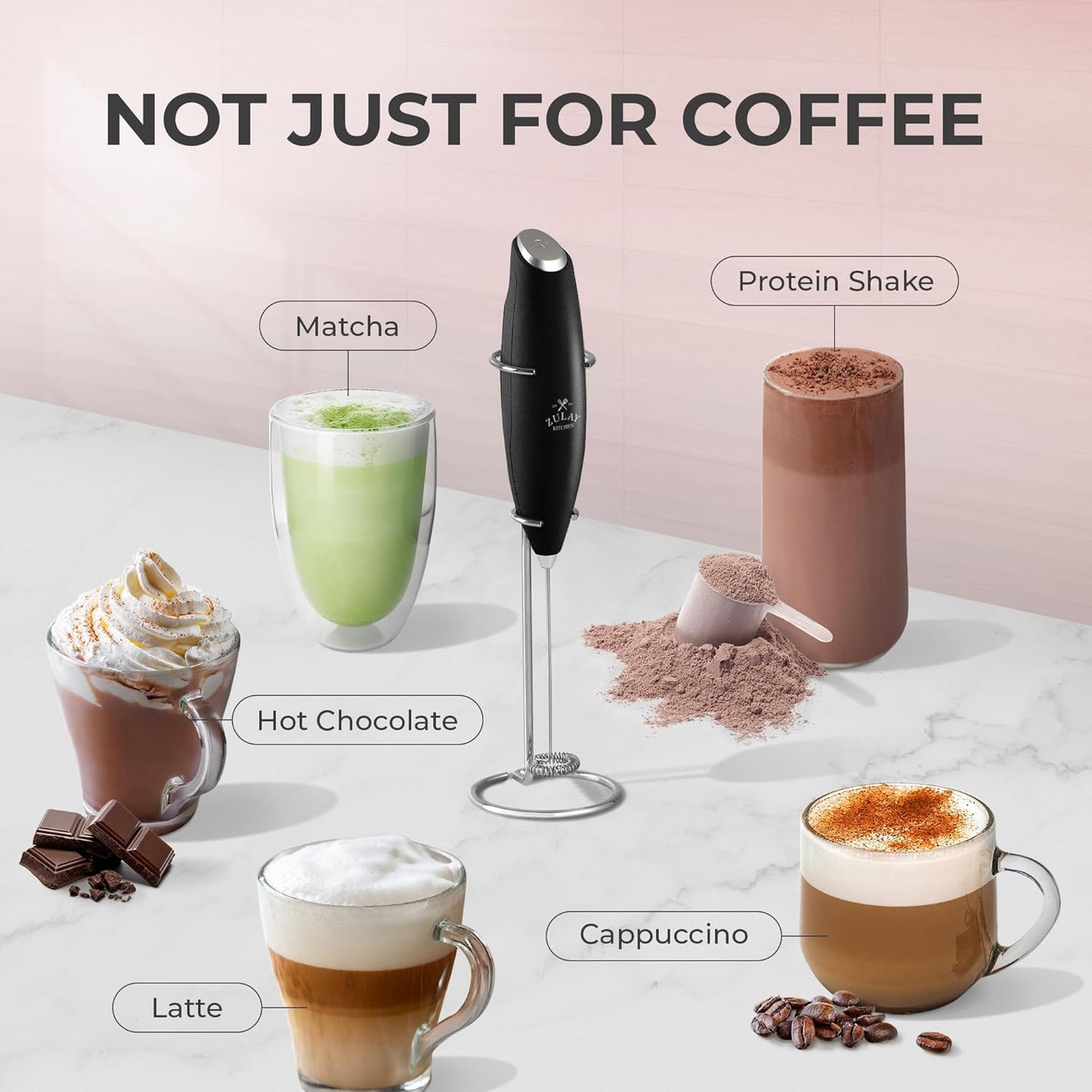 Zulay Kitchen Milk Frother Wand - Ultra-Fast Handheld Electric Whisk for Coffee & Lattes - Metallic Black
