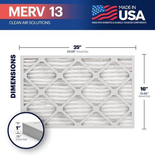 BNX TruFilter 16x25x1 Air Filter MERV 13 (6-Pack) - Electrostatic Pleated HVAC Filters for Allergies & Smoke