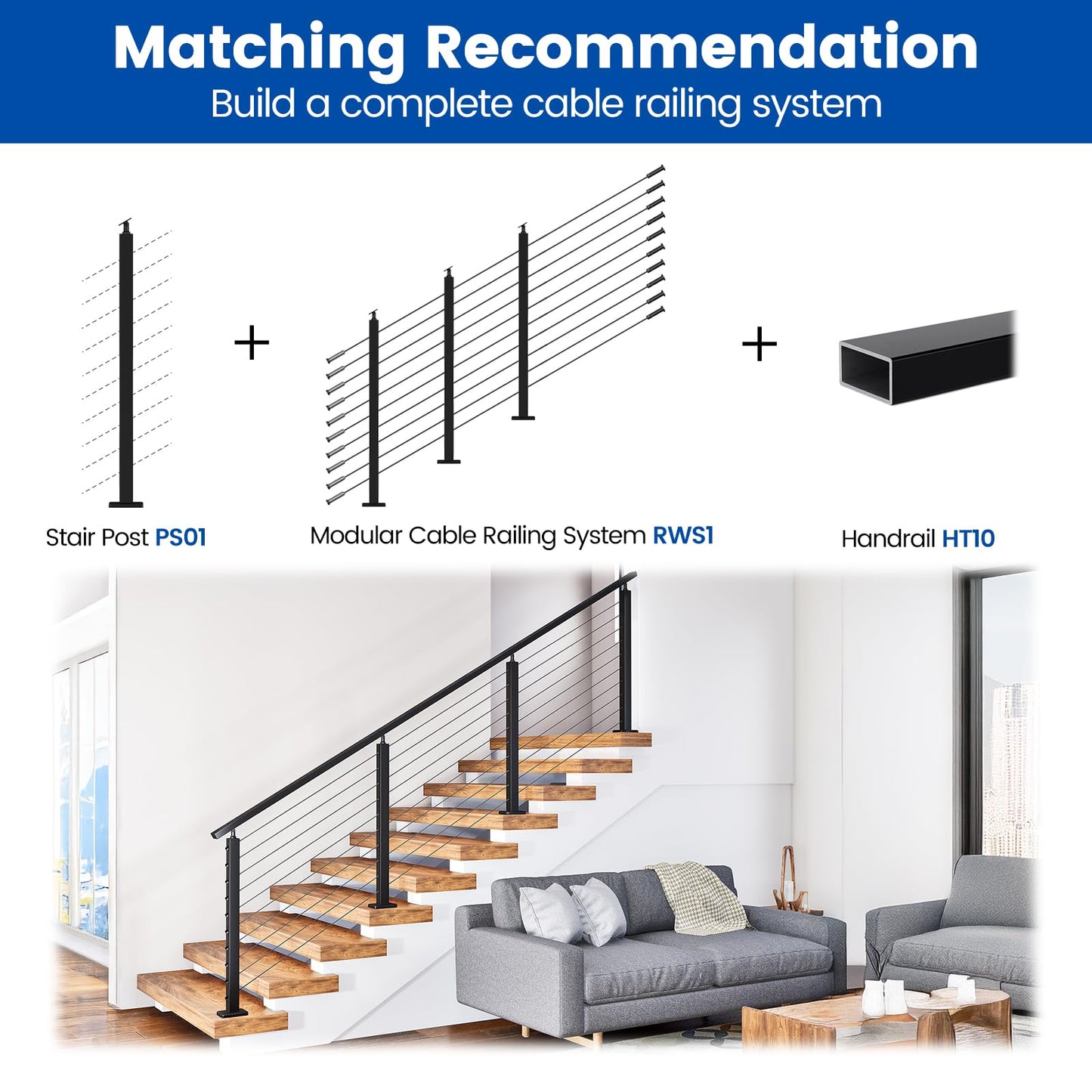 Muzata Black Stair Cable Railing Post 36 Inch for 25-35 Degrees Stair 36"x2"x2" Surface Mount T304 Stainless Steel Cable Railing System Kit Indoor Outdoor with Paper User Guide PS01 BA4S
