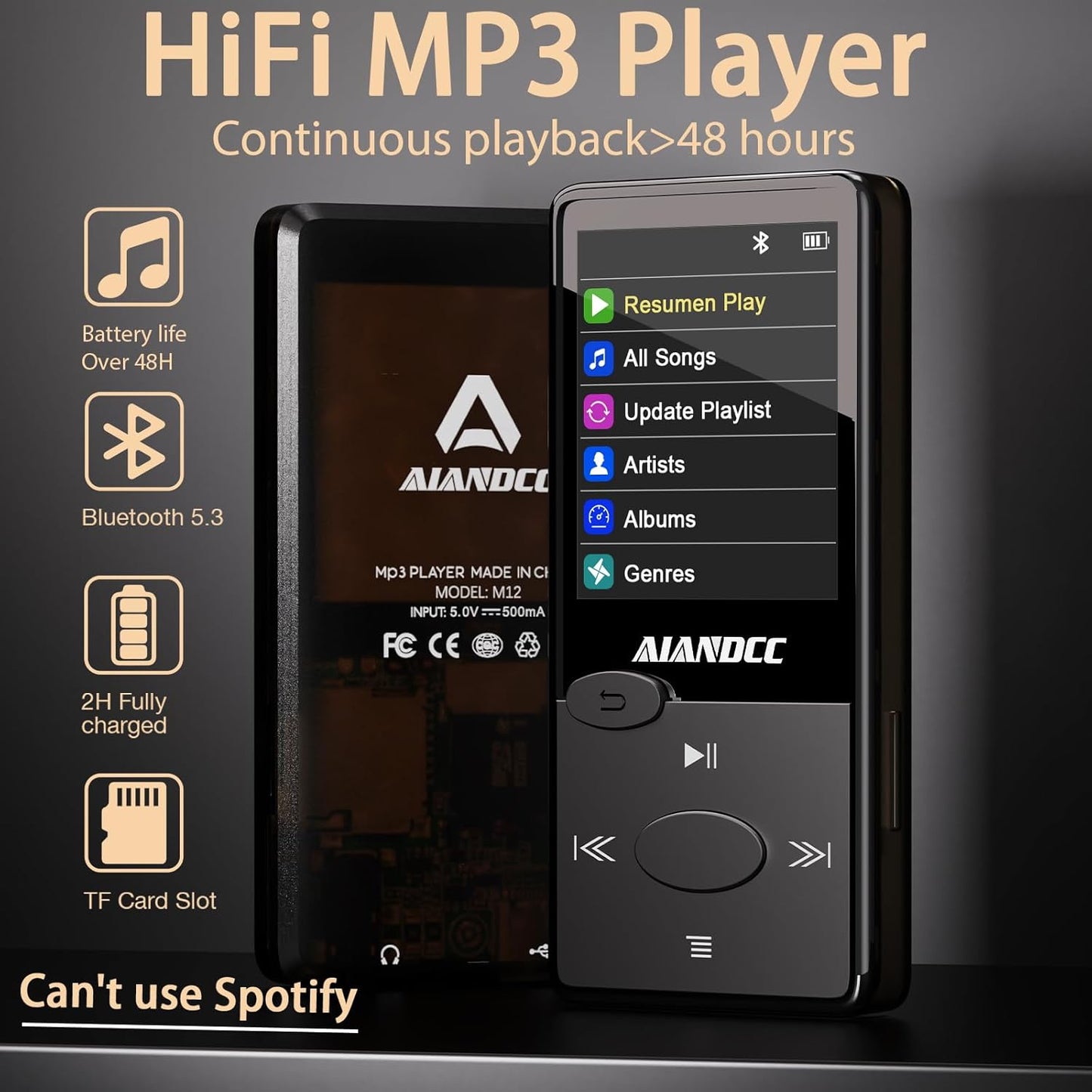 Aiandcc 128GB Mp3 5.3 Mp3 Player with Bluetooth HiFi Sound, Player with FM Radio, Mini Music Player for Kids Adults