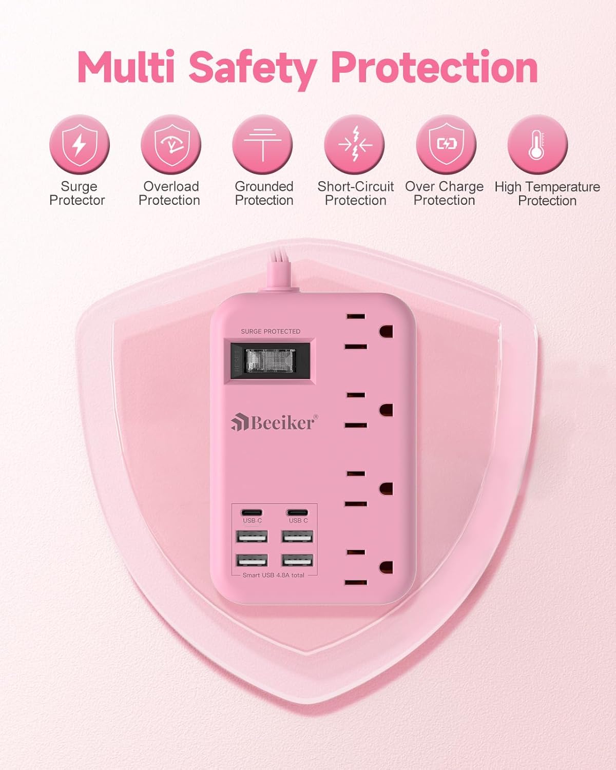 Beeiker 6 USB(2 5Ft 24W 4 USB C) Pink Extension Cord- Travel Power Strip with USB Charging Station and Outlets, Pink