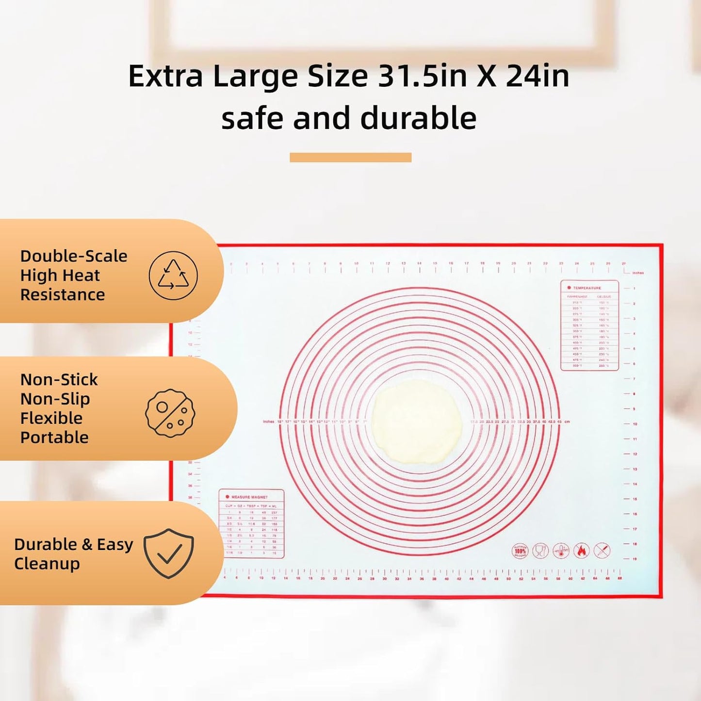 Silicone Baking Mat by Extra Large | Non-Stick, Heat-Resistant Dough Roller – 31.5'' x 24'' Easy Clean