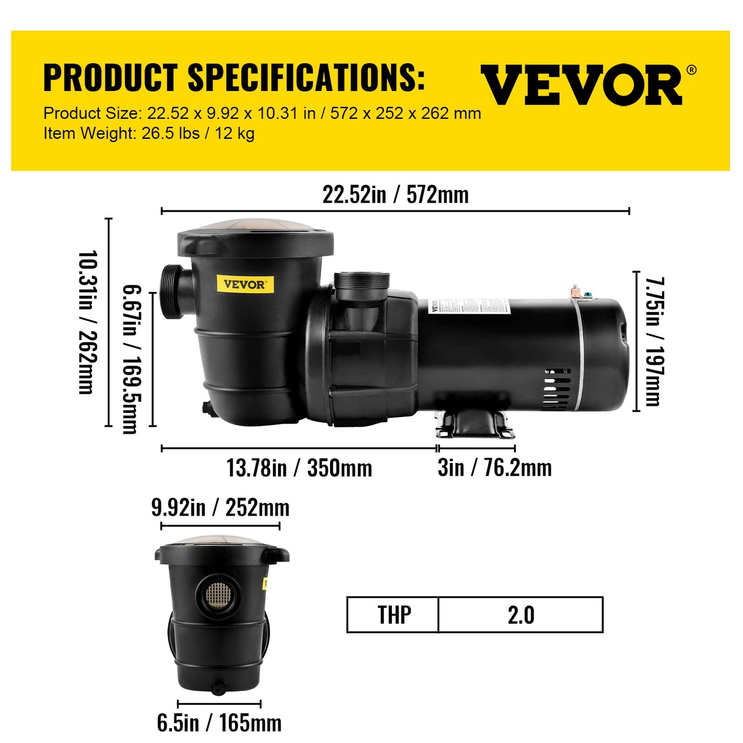 VEVOR Swimming Pool Pump, 2.0HP 115 V, 1500 W Single Speed Pumps for Above Ground Pool w/Strainer Basket, 5400 GPH Max. Flow, Certification of ETL for Security