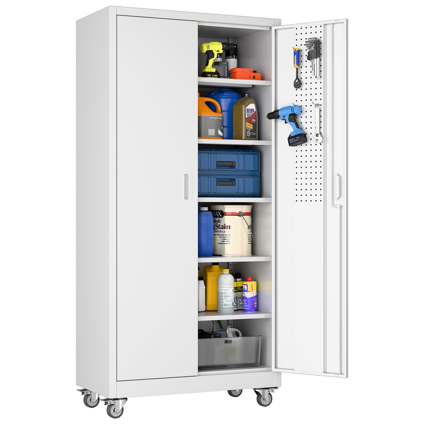 Aobabo Upgrade 71H''*34''W*18''D Metal Garage Storage Cabinet with Wheels and Pegboards, 5 Adjustable Shelves Steel Storage Cabinets for Home,Warehouse,Garage,Assembly Required,White