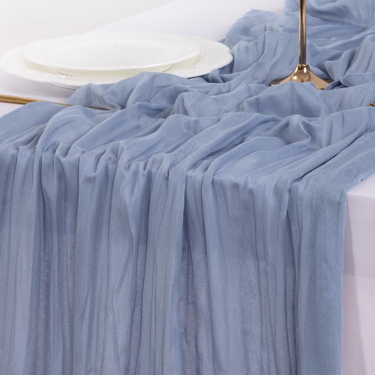 Socomi Cheesecloth Table Runner - Dusty Blue Boho Rustic Design | 120 Inch for Weddings & Events