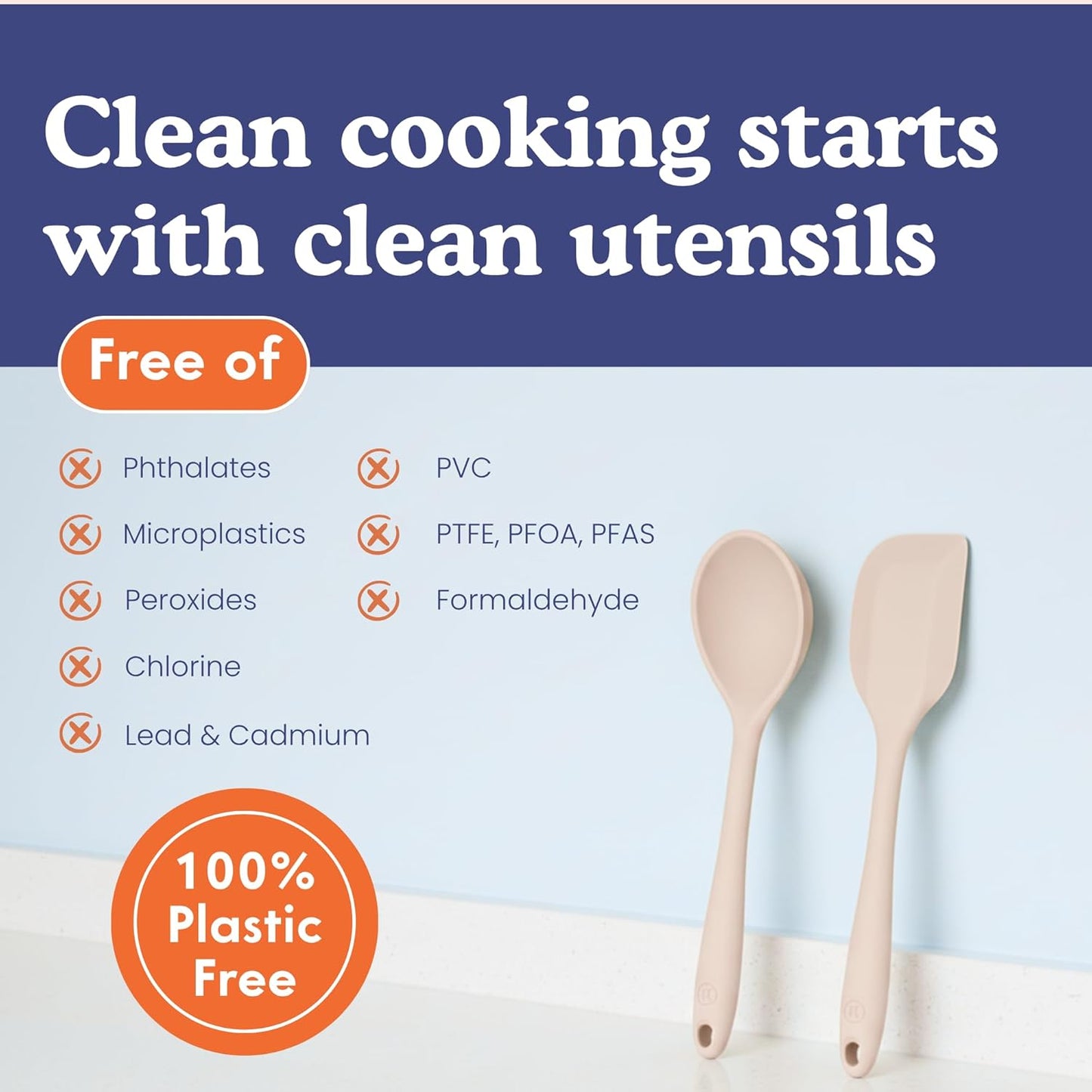 Skiennix Non-Toxic Silicone Kitchen Utensil Set - 8 Heat Resistant Cooking Tools, Beige, 100% Plastic Free
