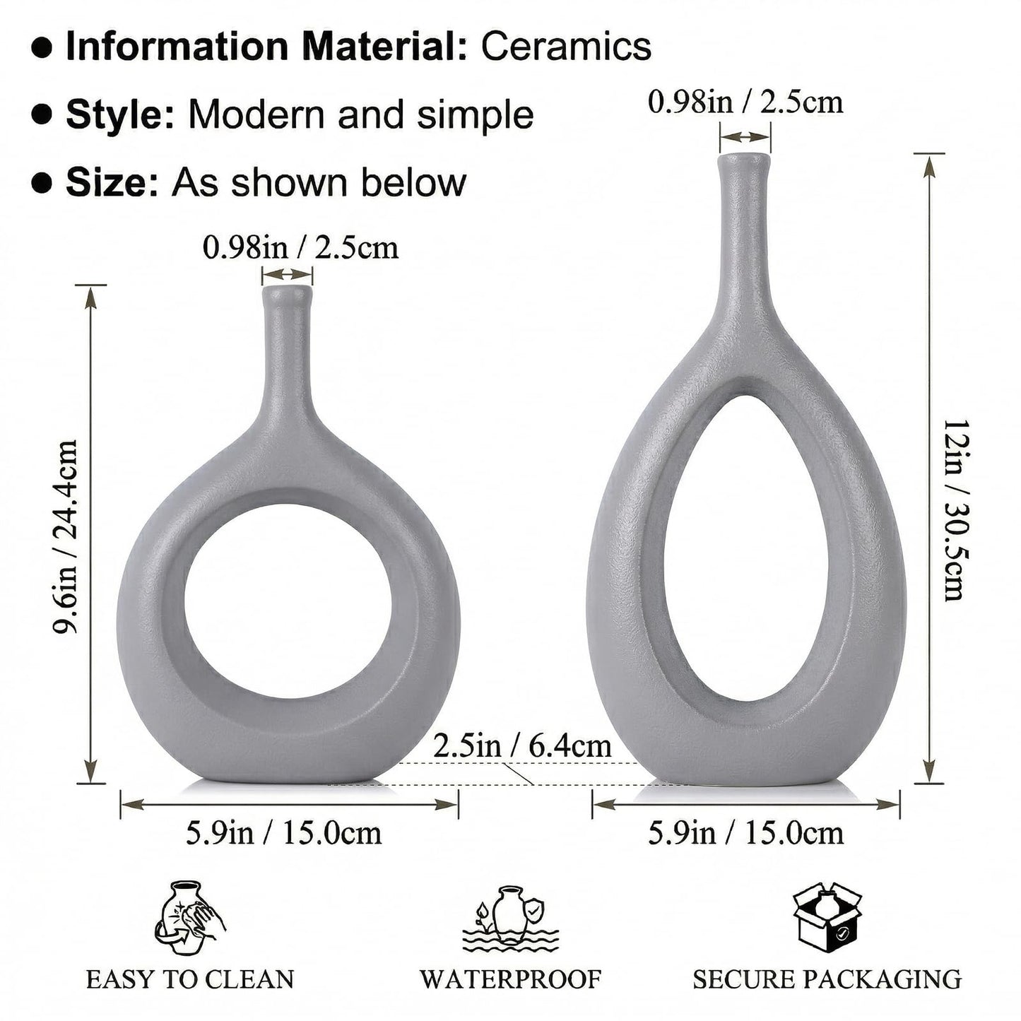 Gray Ceramic Hollow Elliptical Vase Set of 2 - Boho Circle Vase with Hole, for Modern Grey Table Decor, Living Room Decor Shelf mid Century Modern Home Entrance Decorative vase