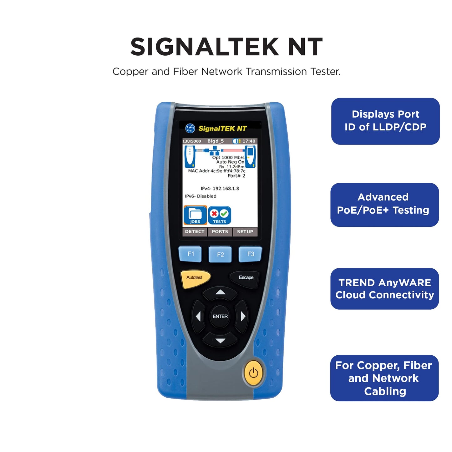 TREND Networks | R156005 | SignalTEK NT | Touchscreen Copper & Fiber Network Transmission & Bandwidth Tester Kit | Troubleshoot Data Cabling & Ethernet Network Issues