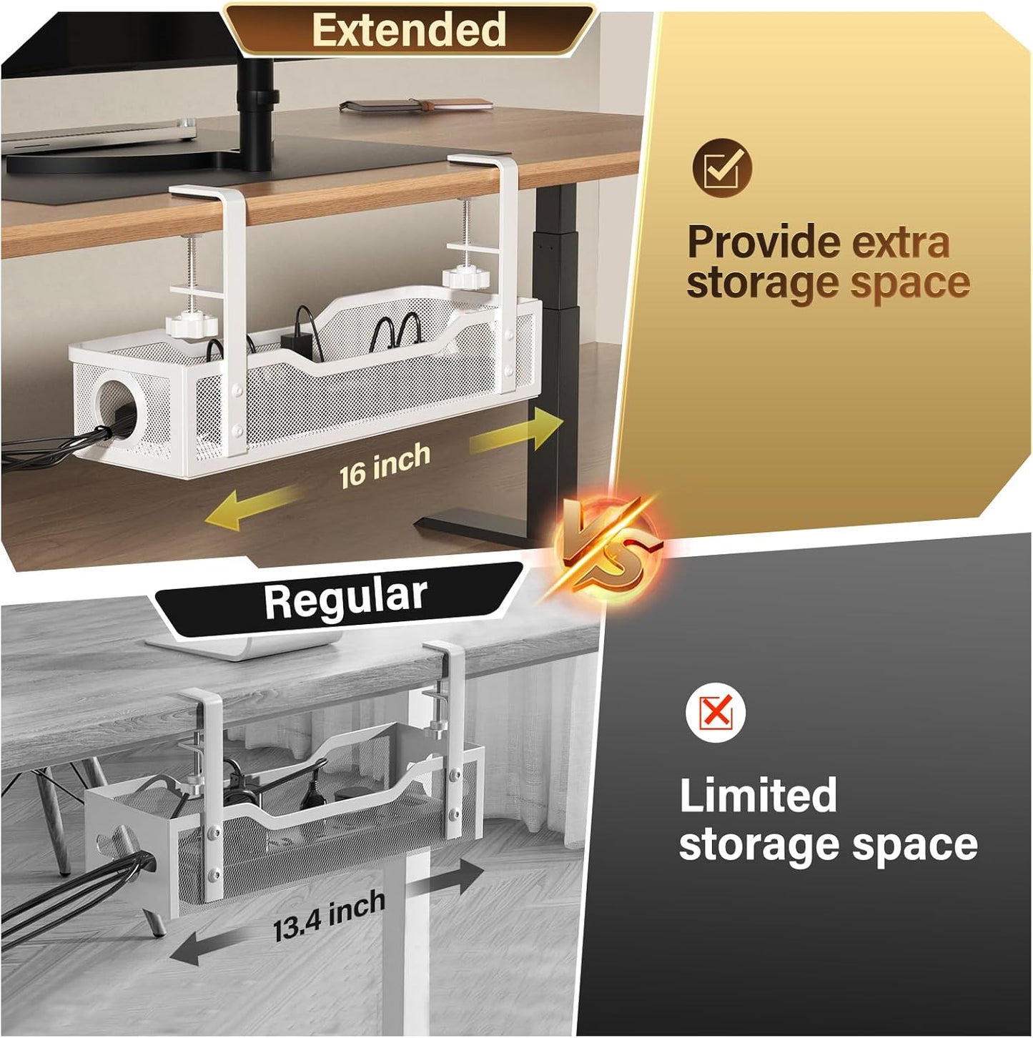 Cinati 16" 3", Under Desk Cable Management Large, Cable Management Box for Table Thickness up to Wire Cord Organizer