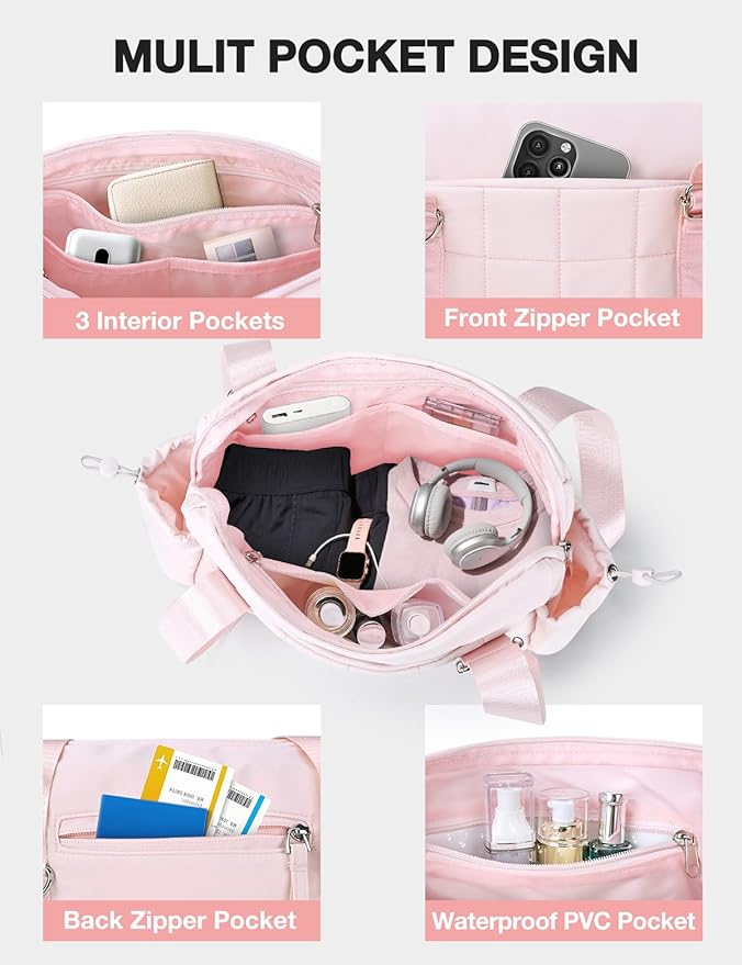 VUUDH Puffy Mini Gym Bag for Women, Carry On Multi-Pocket Water-Resistant Duffel, Lightweight Sports Bag for Fitness, Work, Travel, Daily Commute,Pink