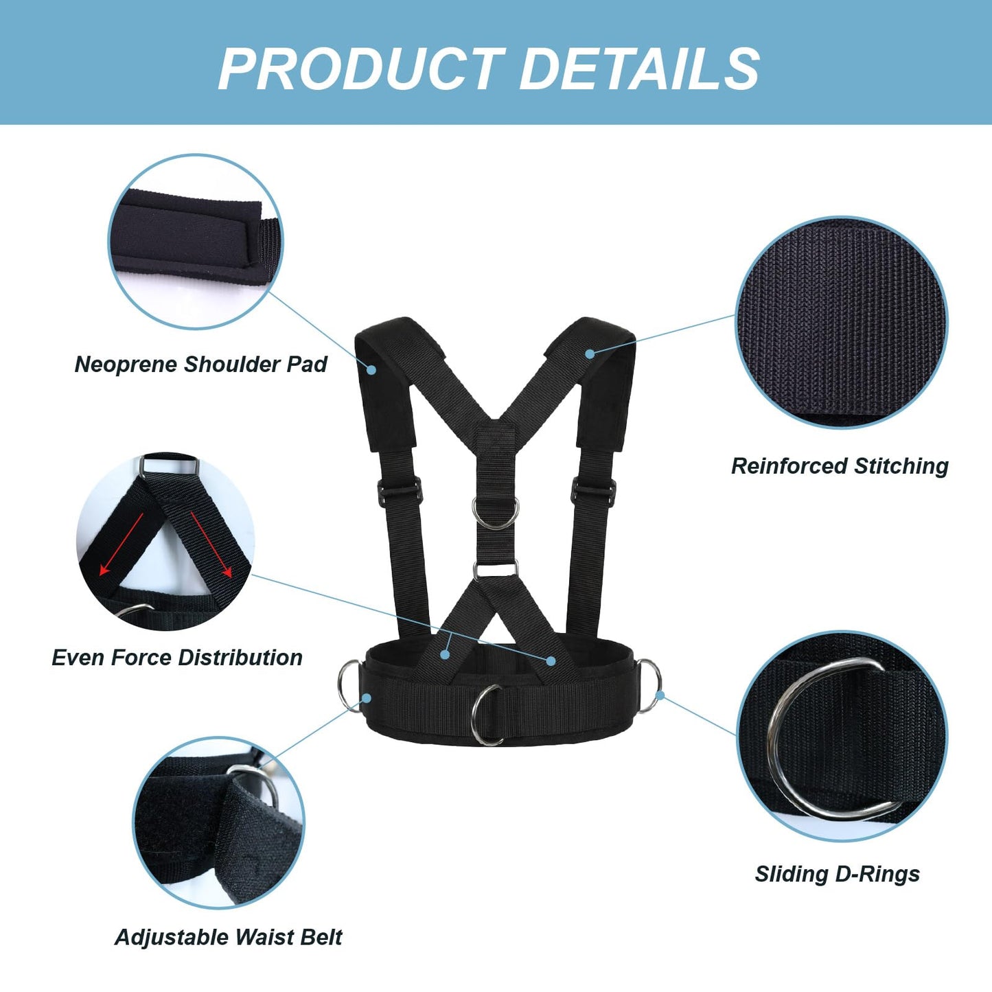 J Bryant Sled Pull Harness System with Y-Shaped Pull Strap, Adjustable Harness with D-Rings, Non-Slip Waist Belt for Strength, Speed & Resistance Training