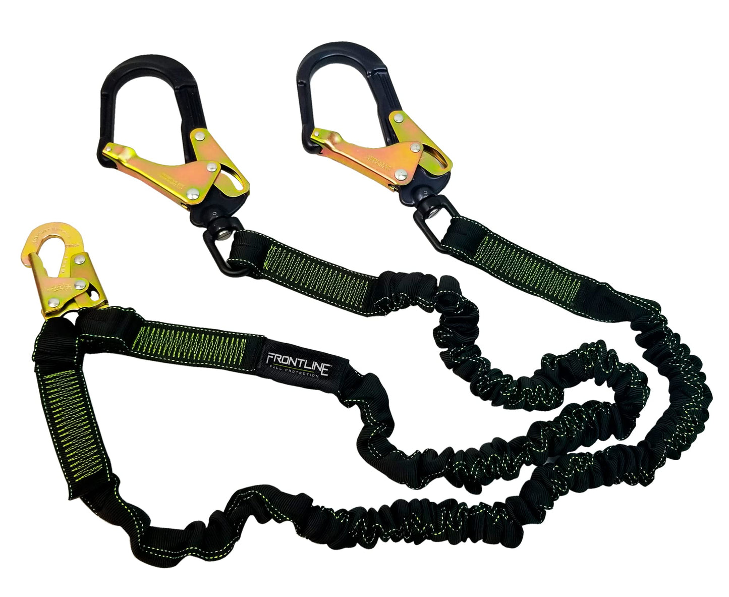 Frontline LIS62RA Elastic Double Leg 6' Lanyard with Aluminum Rebar Hooks | Twin Lanyard 1 Snap Hook and 2 Rebar Hook Ends | ANSI & OSHA Compliant Fall Protection | 6000 lbs. Min. Breaking Strength