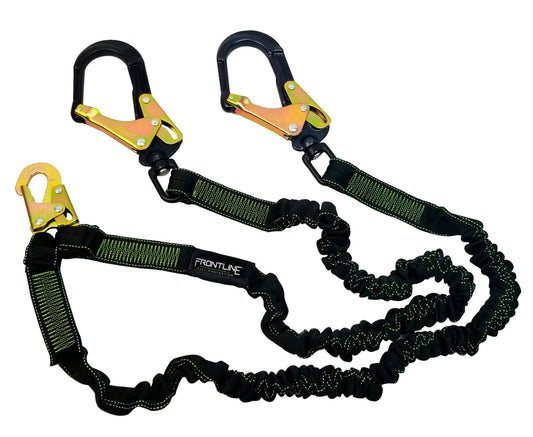 Frontline LIS62RA Elastic Double Leg 6' Lanyard with Aluminum Rebar Hooks | Twin Lanyard 1 Snap Hook and 2 Rebar Hook Ends | ANSI & OSHA Compliant Fall Protection | 6000 lbs. Min. Breaking Strength