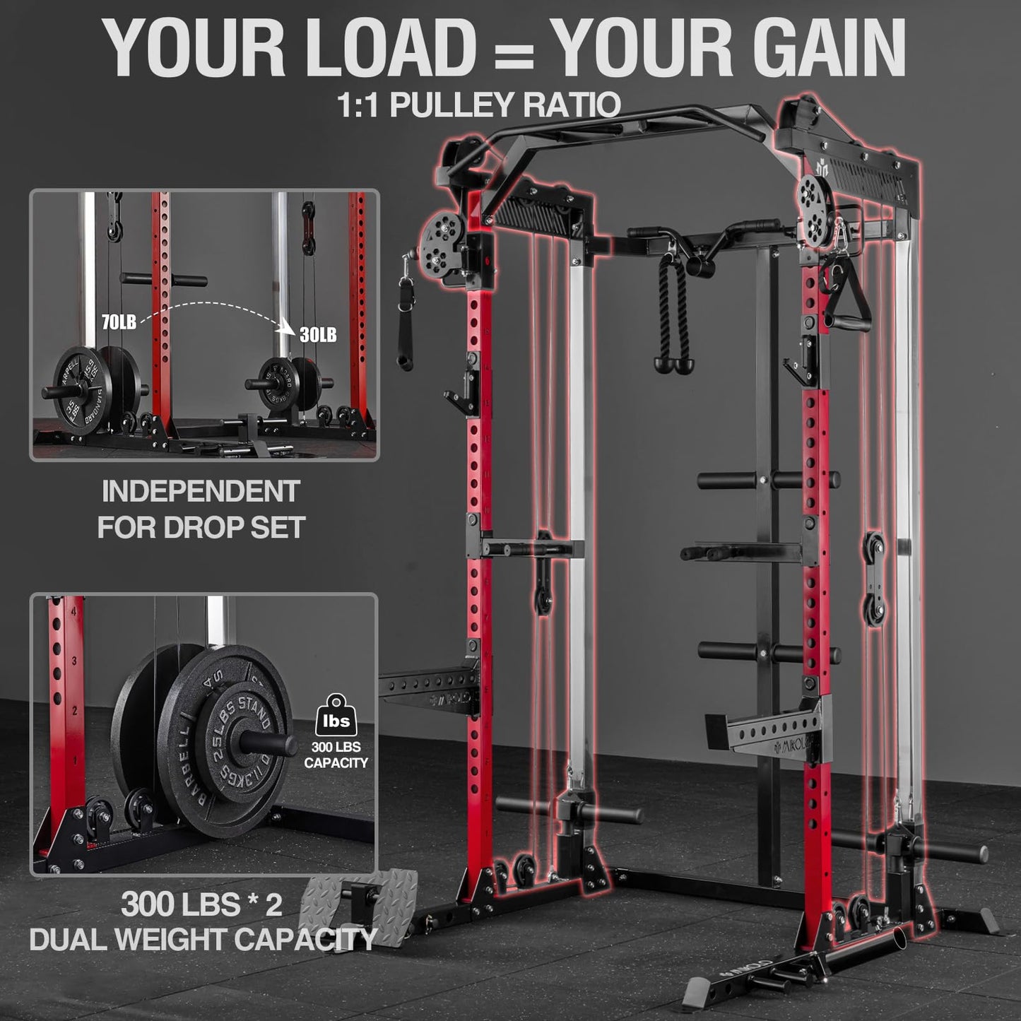 Mikolo Power Cage, 2000LB Power Rack with Independent Dual Pulley System, Multi-Function Home Gym Workout Machine for Cable Crossover (Aluminum Pulleys)
