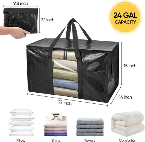 BALEINE Oversized Moving Bags - Heavy-Duty Storage Totes with Reinforced Handles | Black w/Window, 2-Pack