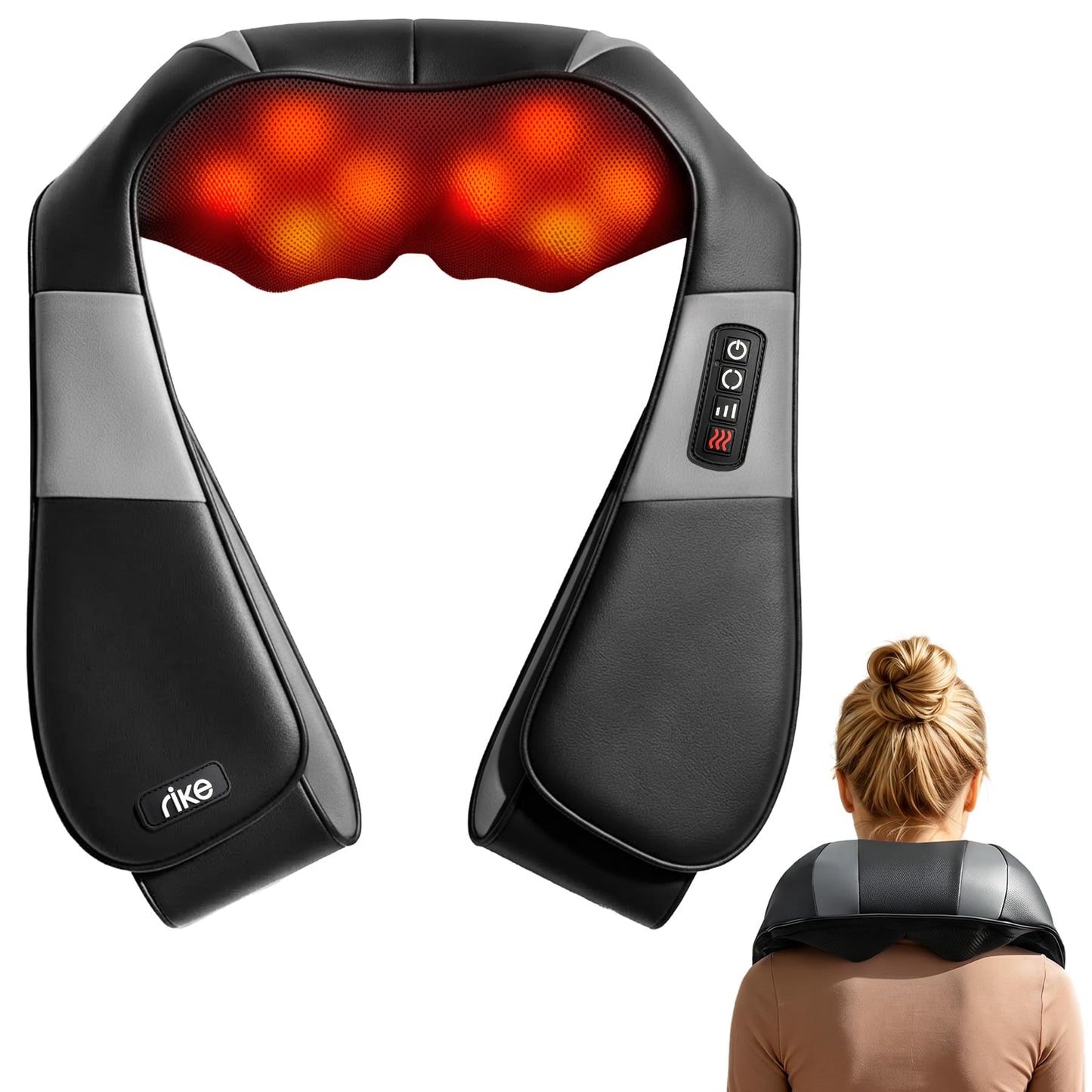 RIKE Neck Massager for Pain Relief Deep Tissue, Shiatsu Shoulder Massager with Heat, Corded Electric Back Massager with 3 Speeds, Fathers Day Gift Idea for Men Women Office, Car and Home Gym Use