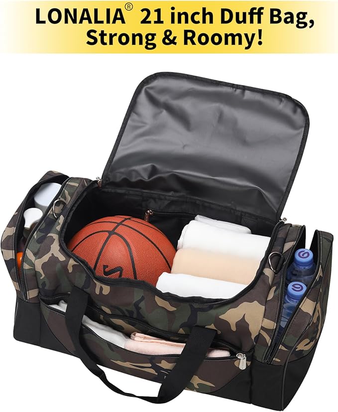 Gym Bag Sport Duffle Bag for Men - 21 in Weekender Travel Bag with Trolley Sleeve (Camo)