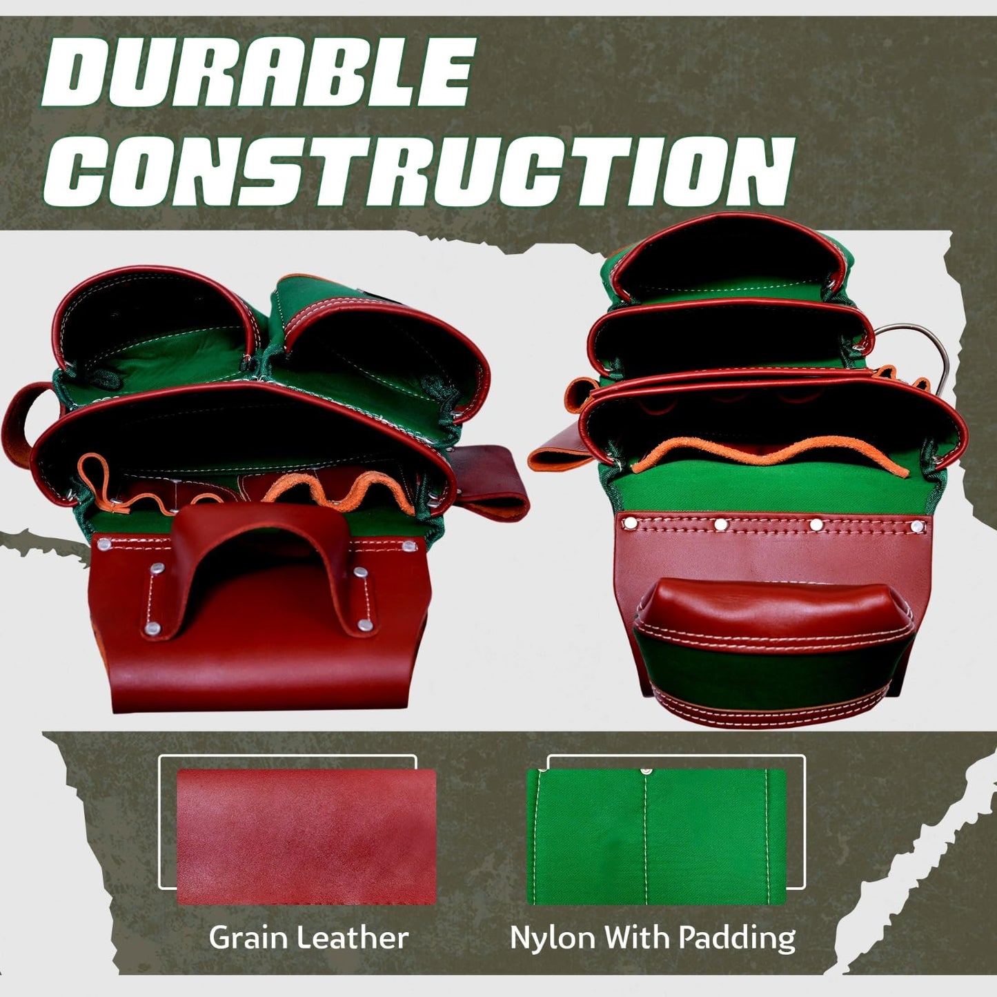 AP-LEATHER Full Grain Leather & Nylon Heavy-Duty Tool Belt Pouch with Suspender & Nylon, 28 Pocket, EVA Foam Padded Comfort, Adjustable 30"-50" Fit (Green)