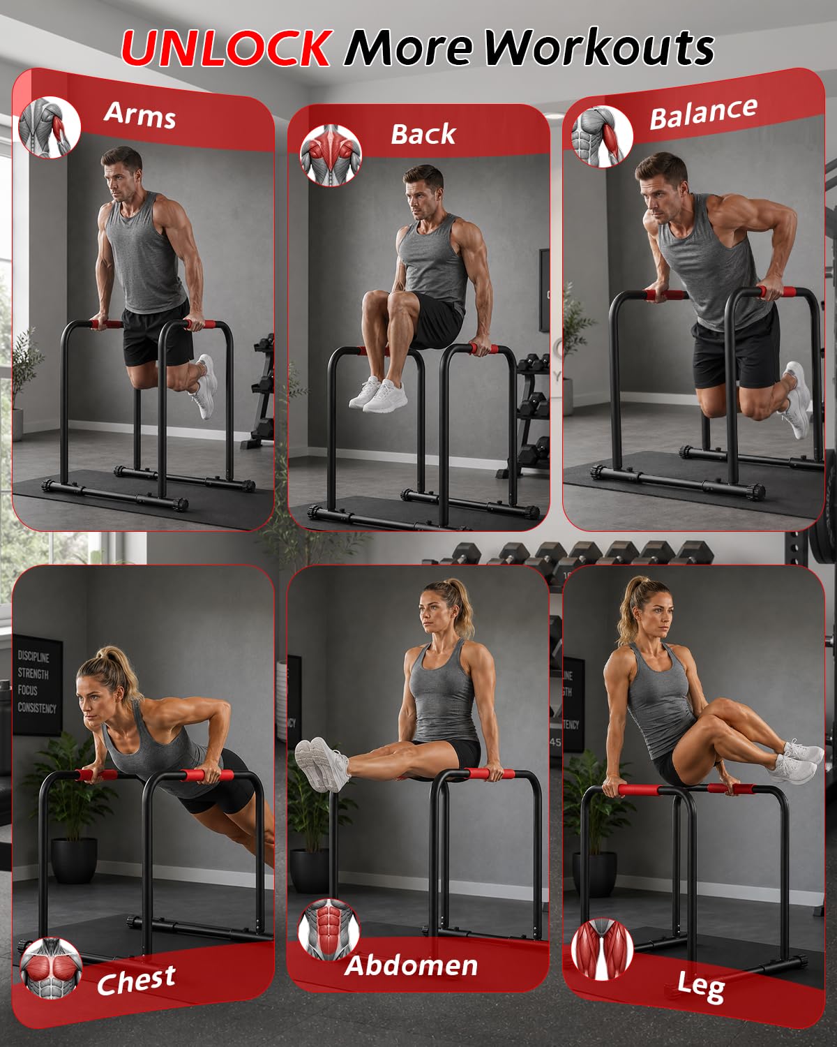 Streamnova Dip Bar Station, 1100LBS Heavy-Duty Adjustable Height & Width Parallel Bars with Dual Inner Connectors ltra-Stable Settings & Non-Slip Feet for Home Gyms, Upper Body & Core Training