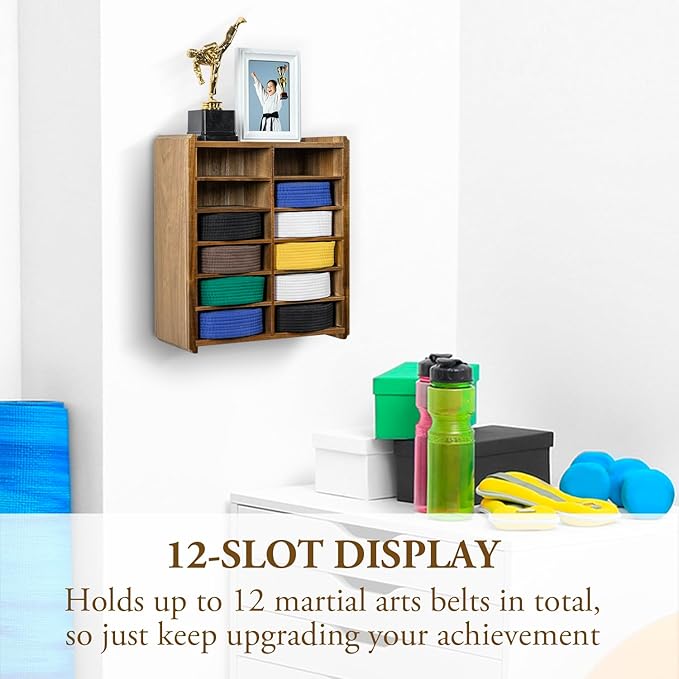 MyGift 12 Compartment Rustic Burnt Solid Wood Wall Mounted Dual Display Martial Arts Belt Holder with Top Trophy Storage Shelf in Horizontal or Vertical Mount