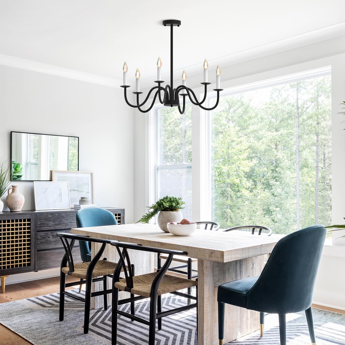 Isamacc 6-Light Chandelier, Wrought Iron Black Chandelier with Adjustable Height, Industrial Hanging Light Fixture for Dining Room, Living Room, Foyer, Bedroom