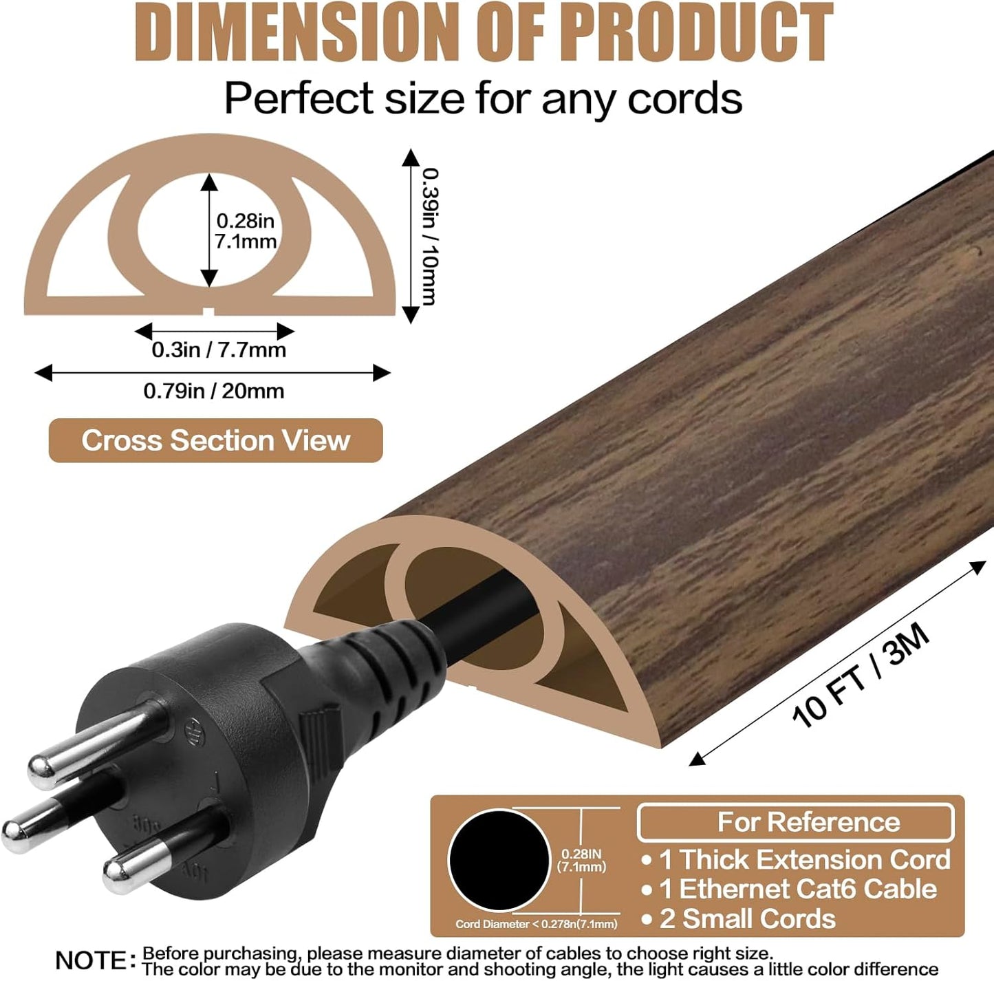 DBHXXMB-HH Hider,10FT Cavity:0.3"(W) 0.28"(H) Floor Cord Cover Self Adhesive Cord Cable Management, Extension Strip