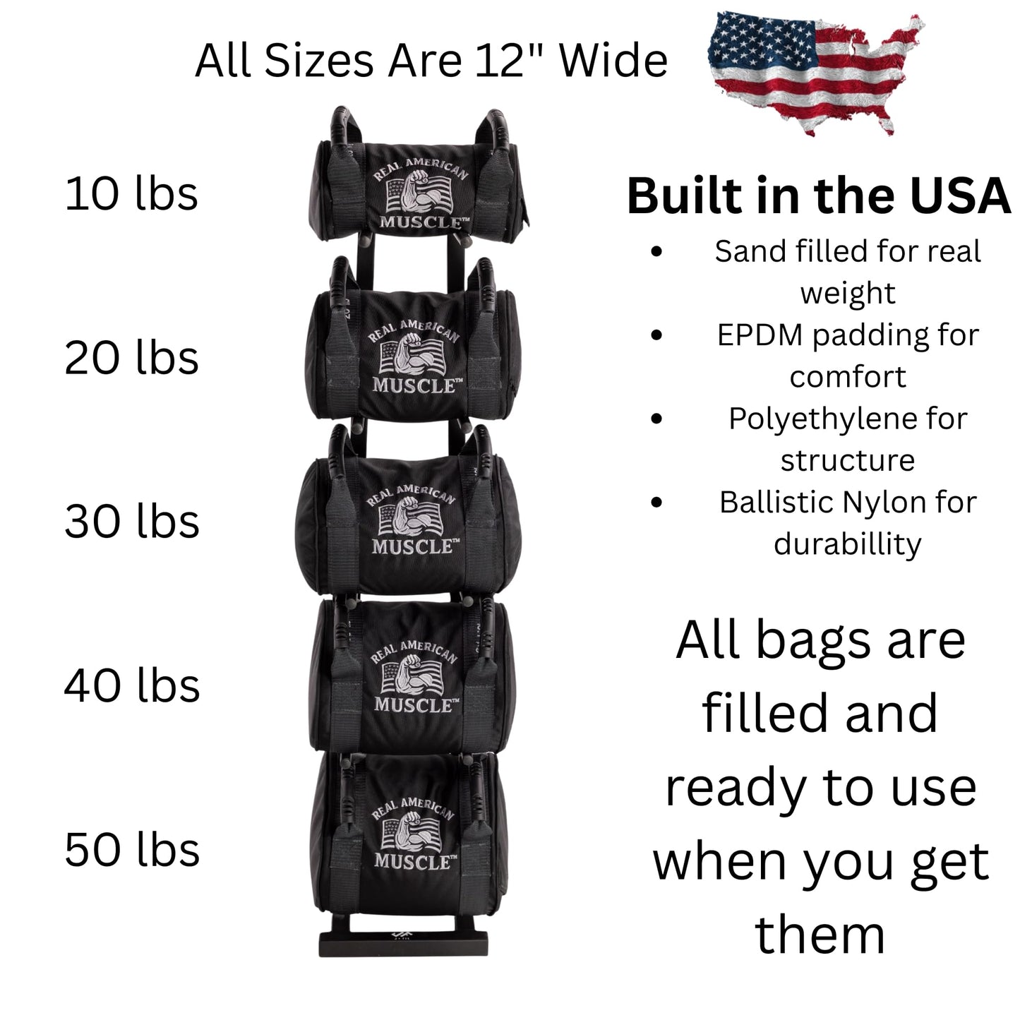 Real American Muscle 50 lb Heavy Duty Weighted Workout Sandbag, Compact 12 Inch Sand Bag for Strength Training, Strongman, Kettlebell Swings, Loaded Carries, Lunges, Squats, HIIT, Functional Fitness