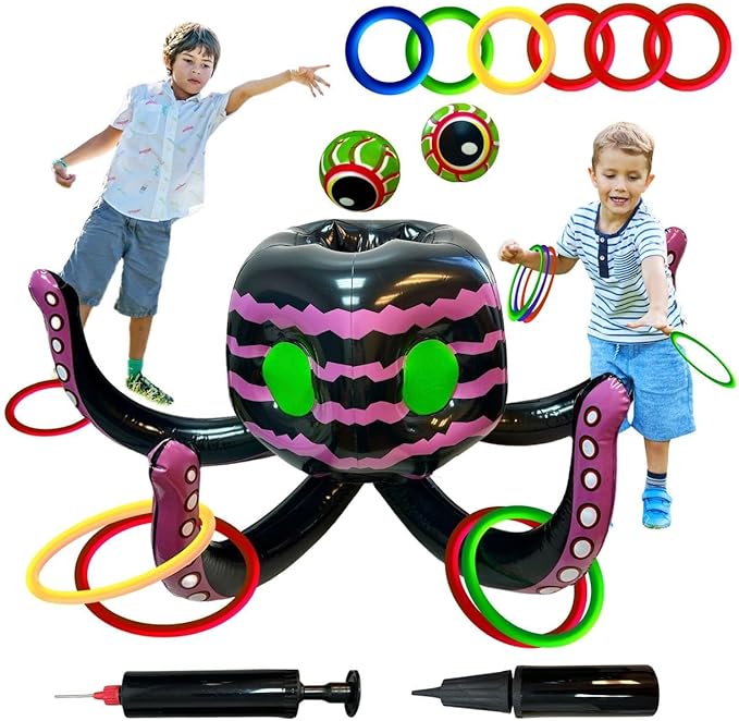 GIFTEXPRESS Sea Creature Octopus Ring Toss Game 4-in-1 – Halloween Candy Bowl, Basketball Hoop, Pool Toy & Spooky Party Décor for Kids & Adults, Indoor/Outdoor Water Game