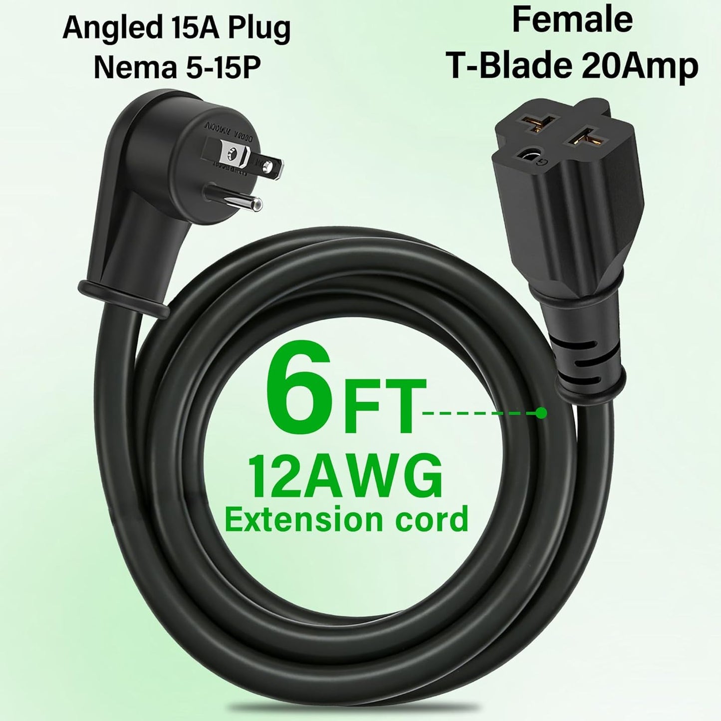 URANT 15 20 12AWG 5-15P 5-20R/6-15R/6-20R 125V/250V Garage(6Ft) Heavy Duty Amp to Amp Plug Adapter Cable, Right Angle