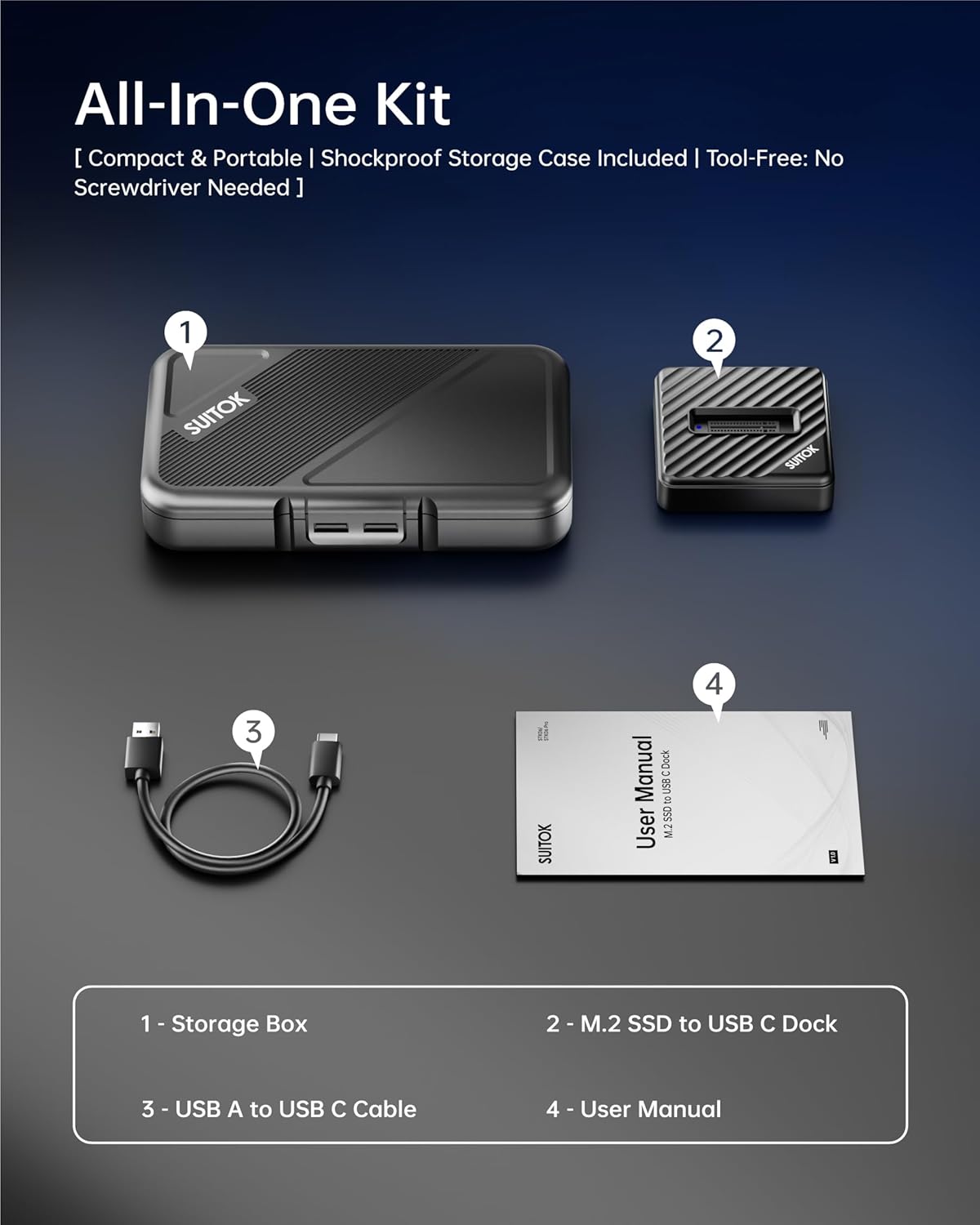 SUITOK M.2 10Gbps M2 22110 2280 2260 2242 2230 NVMe SATA SSD Reader with Storage Box, to USB A to C Adapter