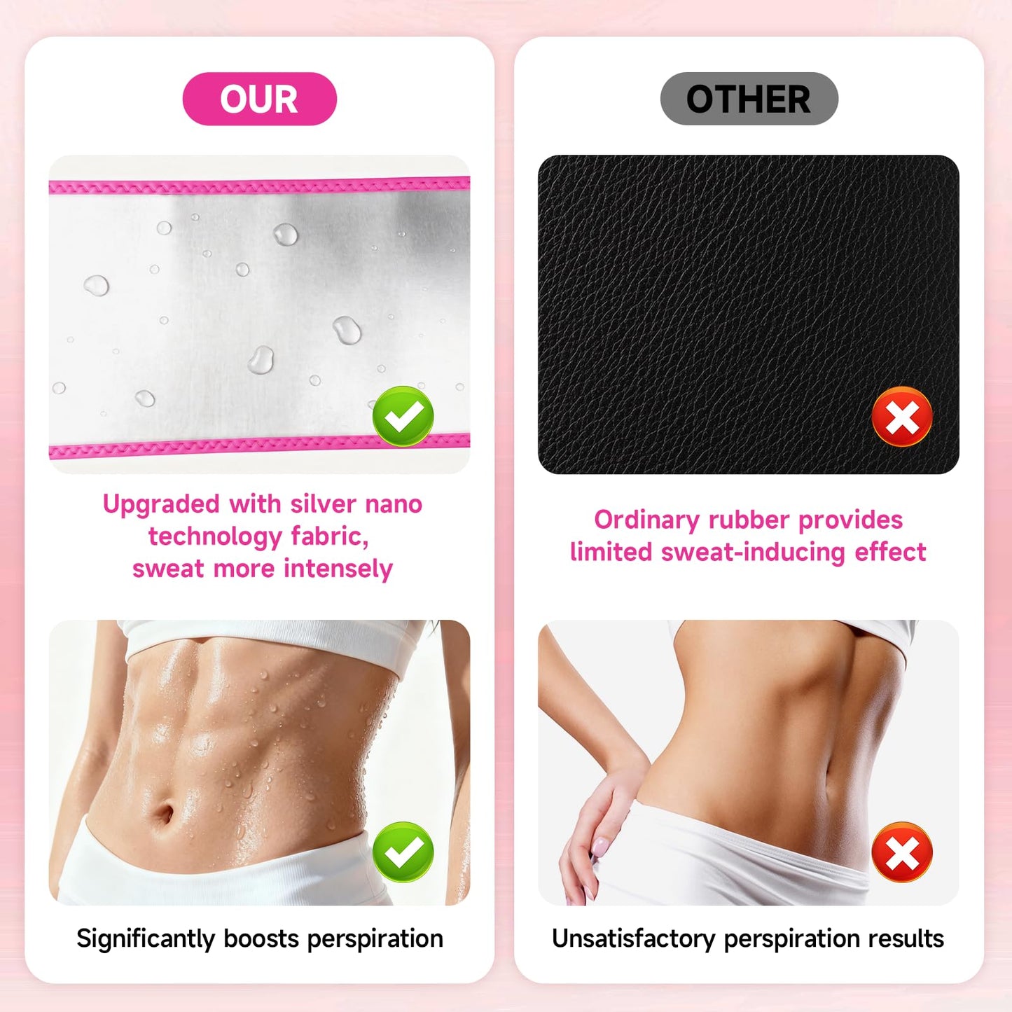 Waist Trainer for Women, Silver Nano Sweat Training Band, Adjustable Belly Wrap for Workout & Postpartum Support (Black/Pink)