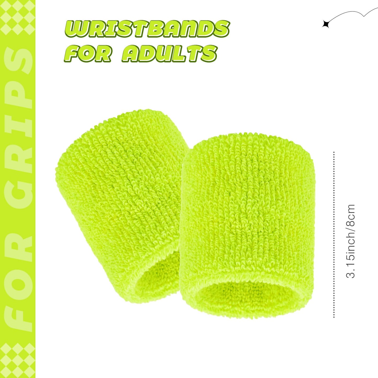 Bememo 24 Pcs Wrist Sweatbands Bulk Sports Wrist Bands for Men Women Breathable Athletic Tennis Wristbands Stretchy Absorbent Cotton Terry for Basketball, Baseball, Gym, Working Out(Neon Yellow)