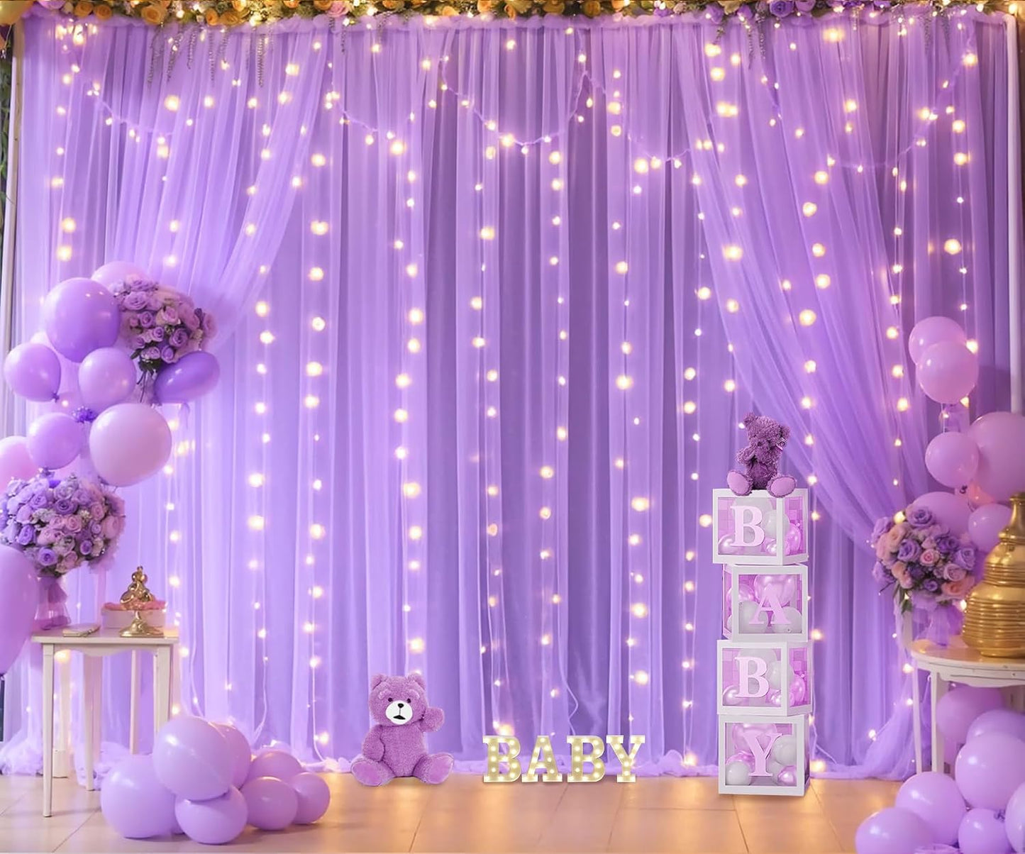 Suppromo 10ft 8ft Lavender Tulle Backdrop Curtain with Led Lights for Wedding Baby Shower Girls X Lilac Lavender Sheer