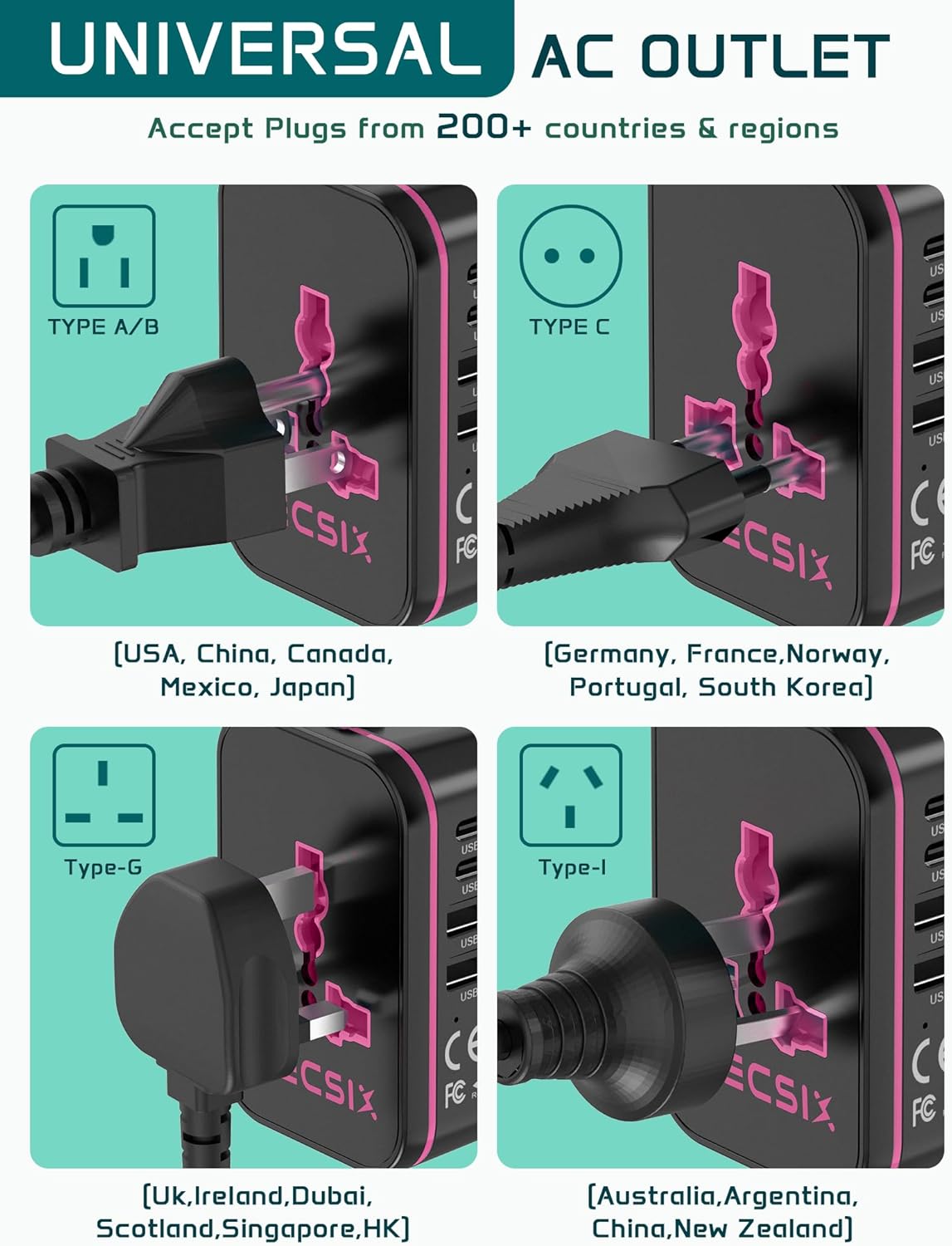 TECSIX 2 2 200+ Countries Universal Travel Adapter Worldwide, European Travel Plug Adapter with USB C, USB A and Multi