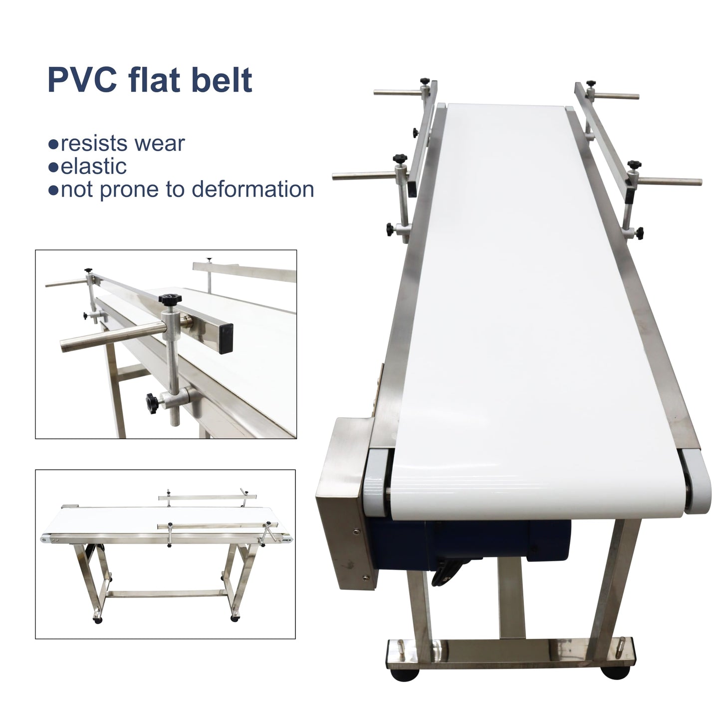 BREVELTION PVC Flat Belt Conveyor Stainless Steel Industrial Transport Conveyor Adjustable Speed Conveyor with Double Guardrails Conveyor Length 53.15inch Width 11.8inch Load 11LBS 60W
