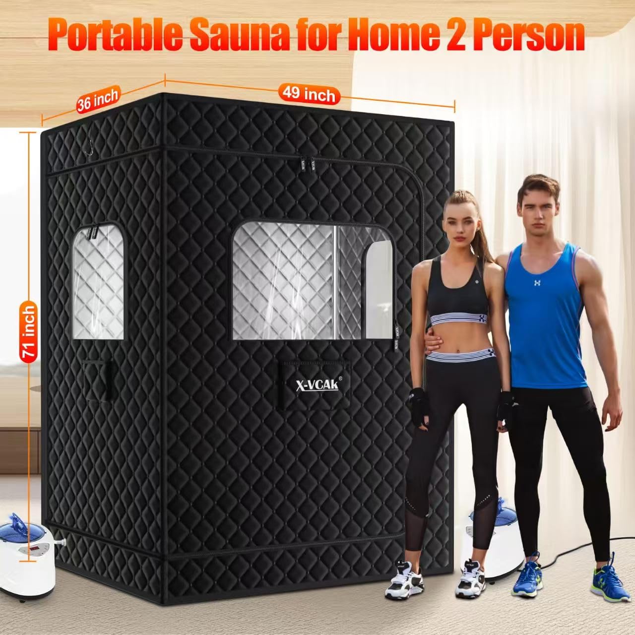 X-Vcak 2 Person Sauna, Extra Large Sauna, Portable Steam Sauna Tent with 2 Steamers, 2 Folding Chair, 71”x 49”x 36”, Black