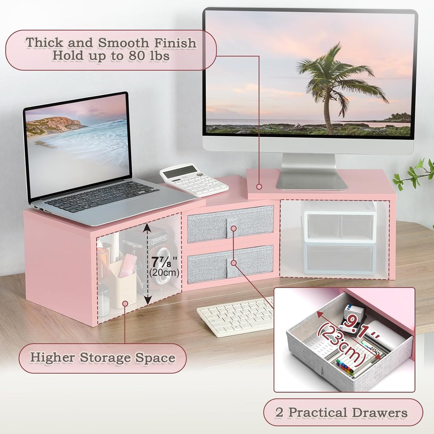 2 37 inch 2 (2 8''H) TEAMIX Pink Dual Monitor Stand Riser with Drawers - Length and Angle Adjustable Double Corner Desk