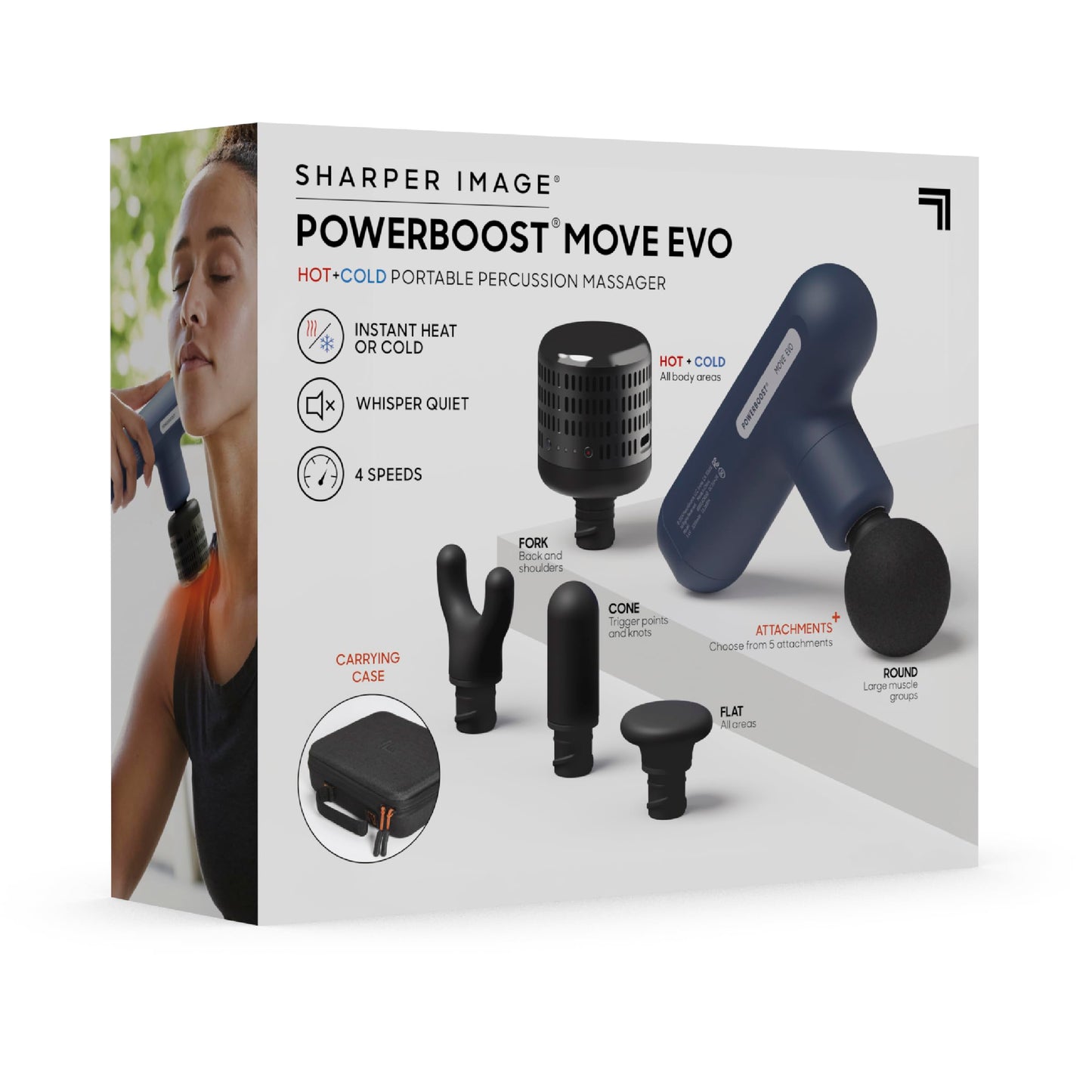 Sharper Image Deep Tissue Percussion Massage Gun, Powerboost Move Evo Hot & Cold Rechargeable Handheld Massager, 4 Adjustable Speeds, 5 Attachment Heads & Carrying Case, for Muscle Pain Relief, Blue