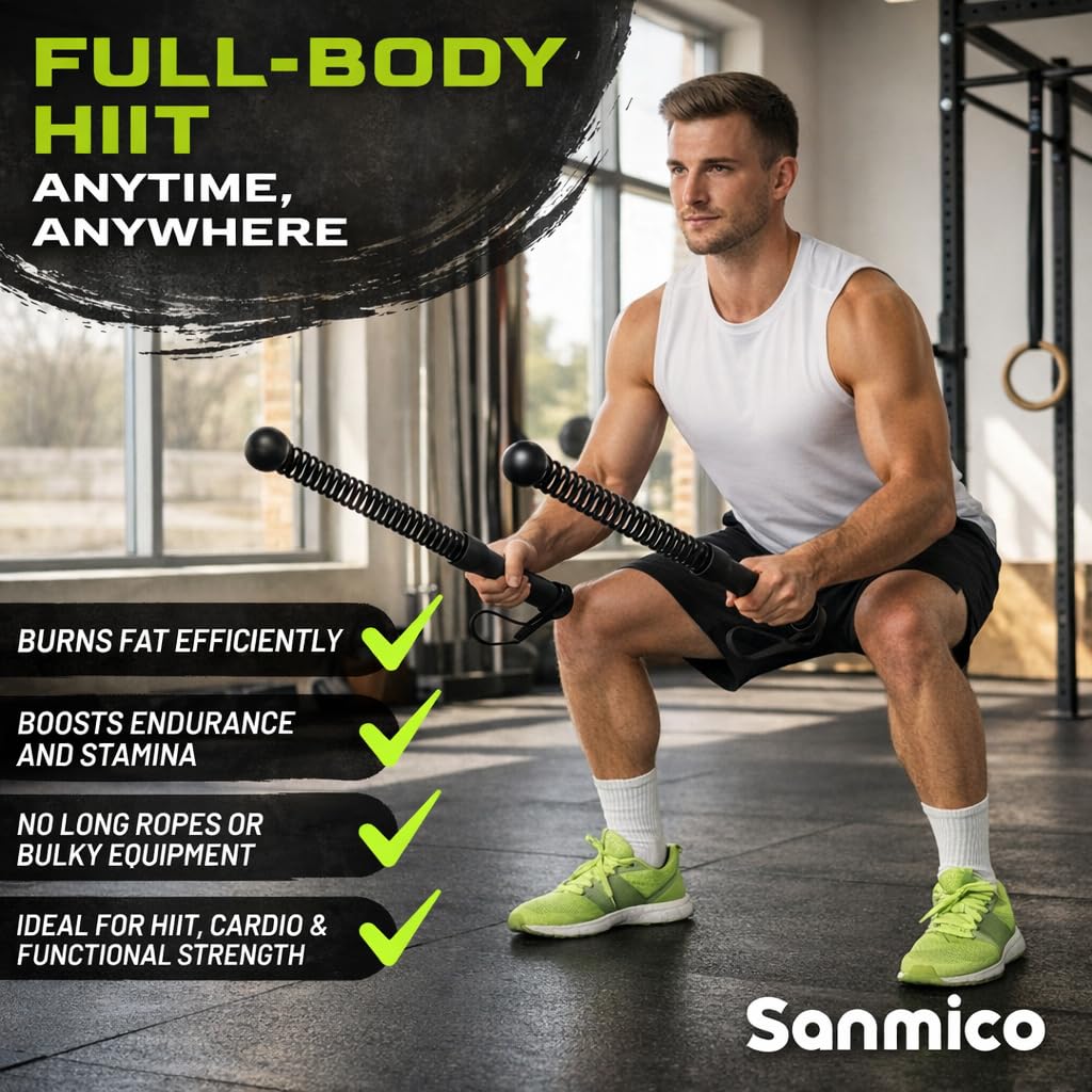 Sanmico Weighted Ropeless Battle Ropes 2 Pack – 2026 Edition | Cordless Portable No Anchor Battle Rope for Home Gym & Apartment | HIIT Strength & Cardio | Non-Slip Handle | Gloves & Exercise Poster