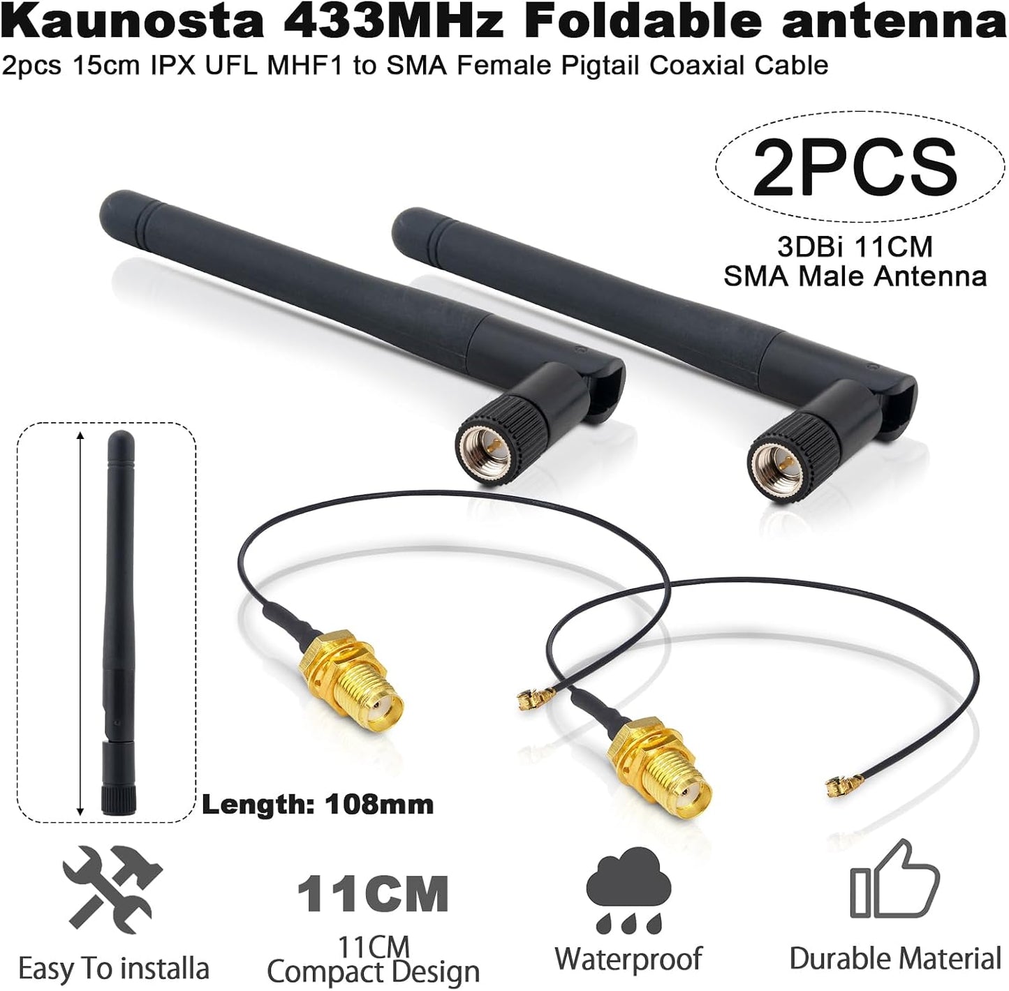 Kaunosta 433 MHF1 4-Pack, 2433MHz 3dBi 215cm MHF1 CCU3 CCU2 CC1101, MHz SMA Male Antenna Kit Radio Antenna Short