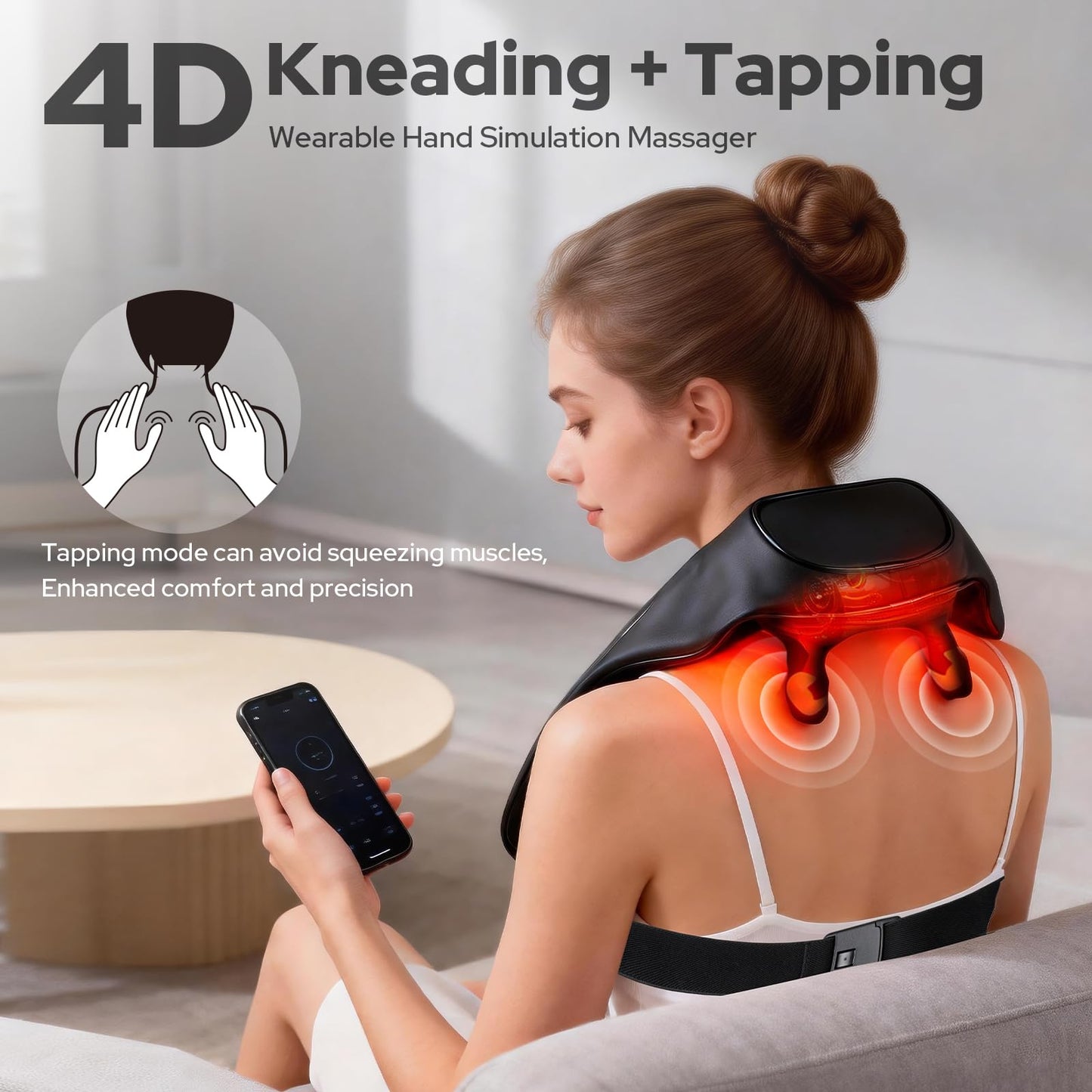 XIENORTINM Cordless Shiatsu Neck and Back Massagers with Heat, Rechargeable 4D Kneading + Tapping Wearable Massager, 3 Tapping Intensities, 3 Speeds, Ultra-Quiet Under 45dB for Deep Muscle Relief