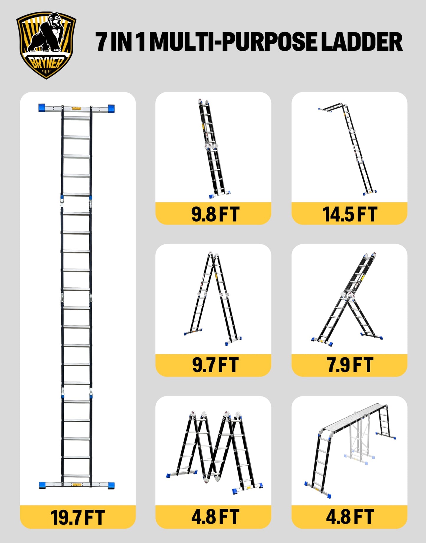 Bryner Step Folding Ladder 19.6ft Multi-Purpose Aluminium Extension Ladders, 7 in 1 Folding Adjustable Telescoping Step Ladder 330lbs
