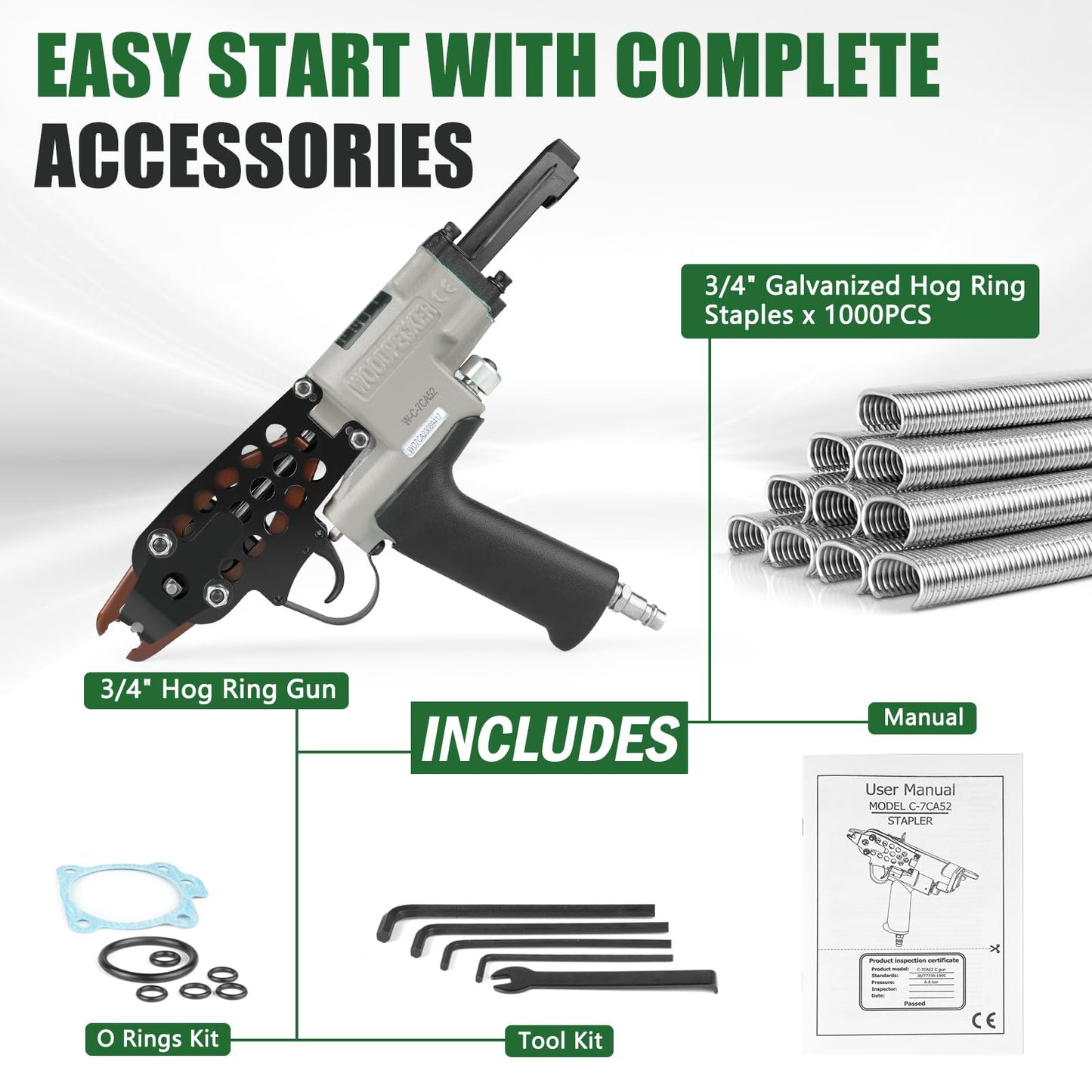Woodpecker C-7CA 15 Gauge Pneumatic Hog Ring Gun Kit, 3/4" Crown Air Hog Ring Pliers, with1000PCS Hog Ring Staples for Cages, Fencing, Car Seats & Mattress (4.8-7mm Closure)