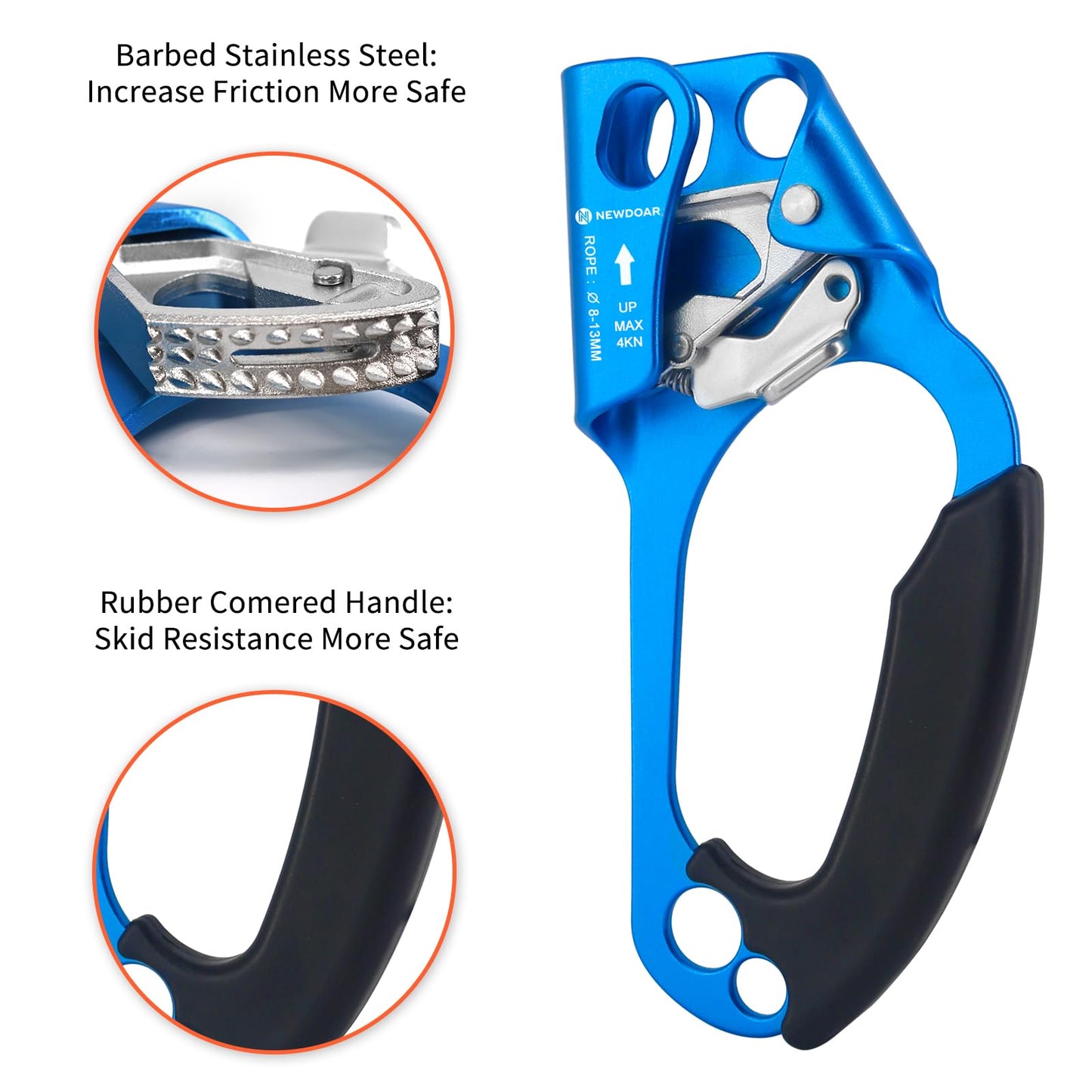 NewDoar Right Hand Ascender Rock Climbing Tree Arborist Rappelling Gear Equipment CE Certified Rope Clamp for 8~13MM Rope(Blue-Right)